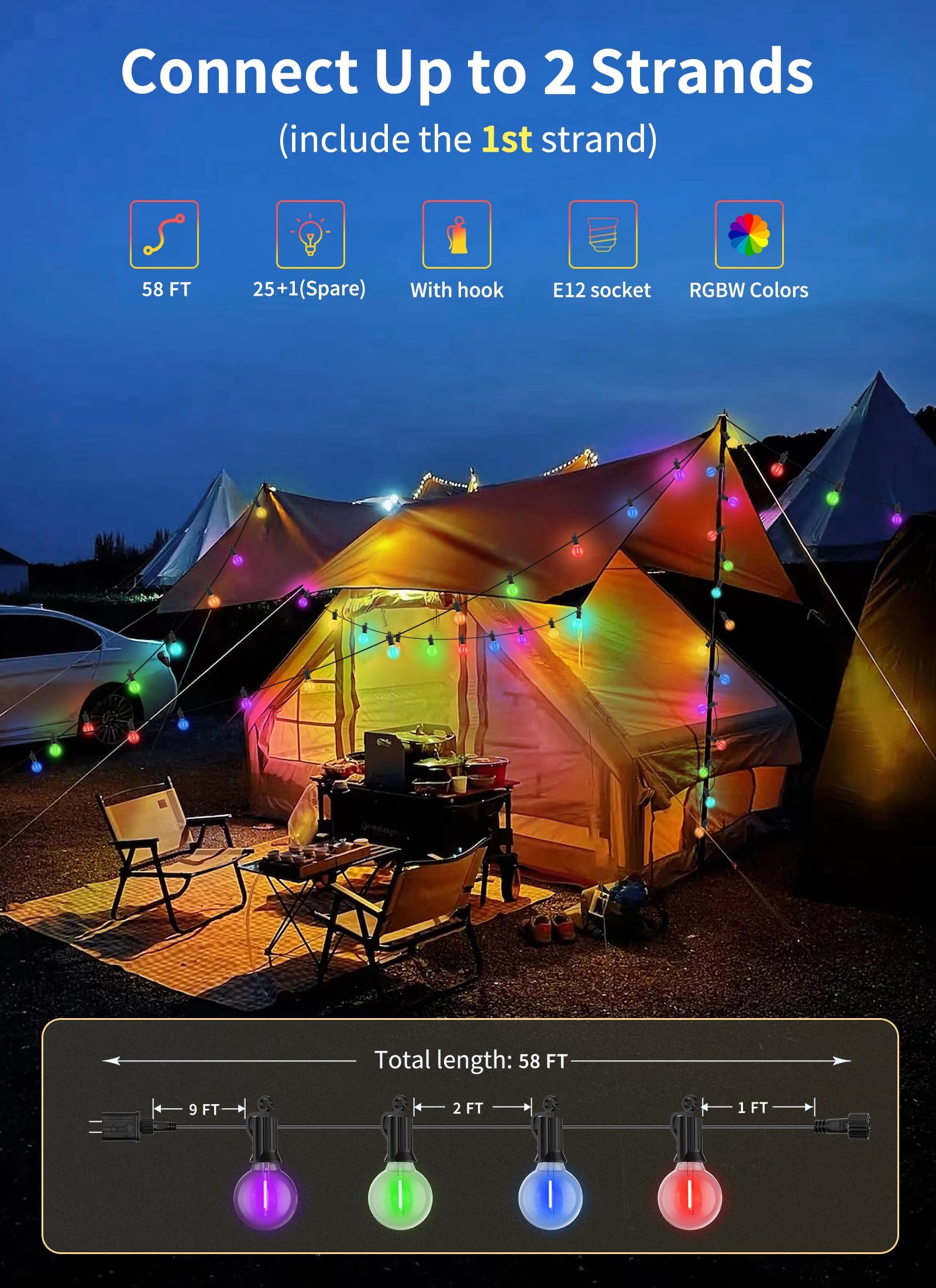 Brightown Rgbw Outdoor String Lights, 58Ft Led Patio Lights With Remote And Timer, Commercial Grade Waterproof Hanging Lights Wi