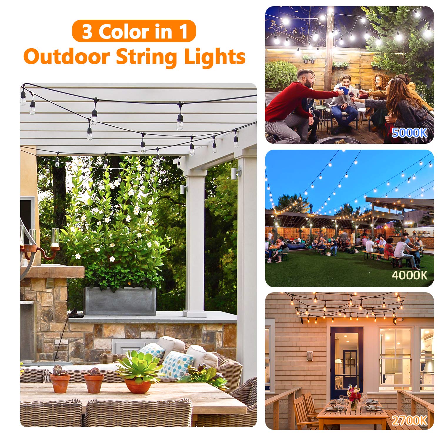 Lakumu 2-Pack Dimmable LED Outdoor String Lights, 96FT Waterproof, Shatterproof Edison Bulbs, 3 Color Temperature, Model GLS22C2YC-S14-15