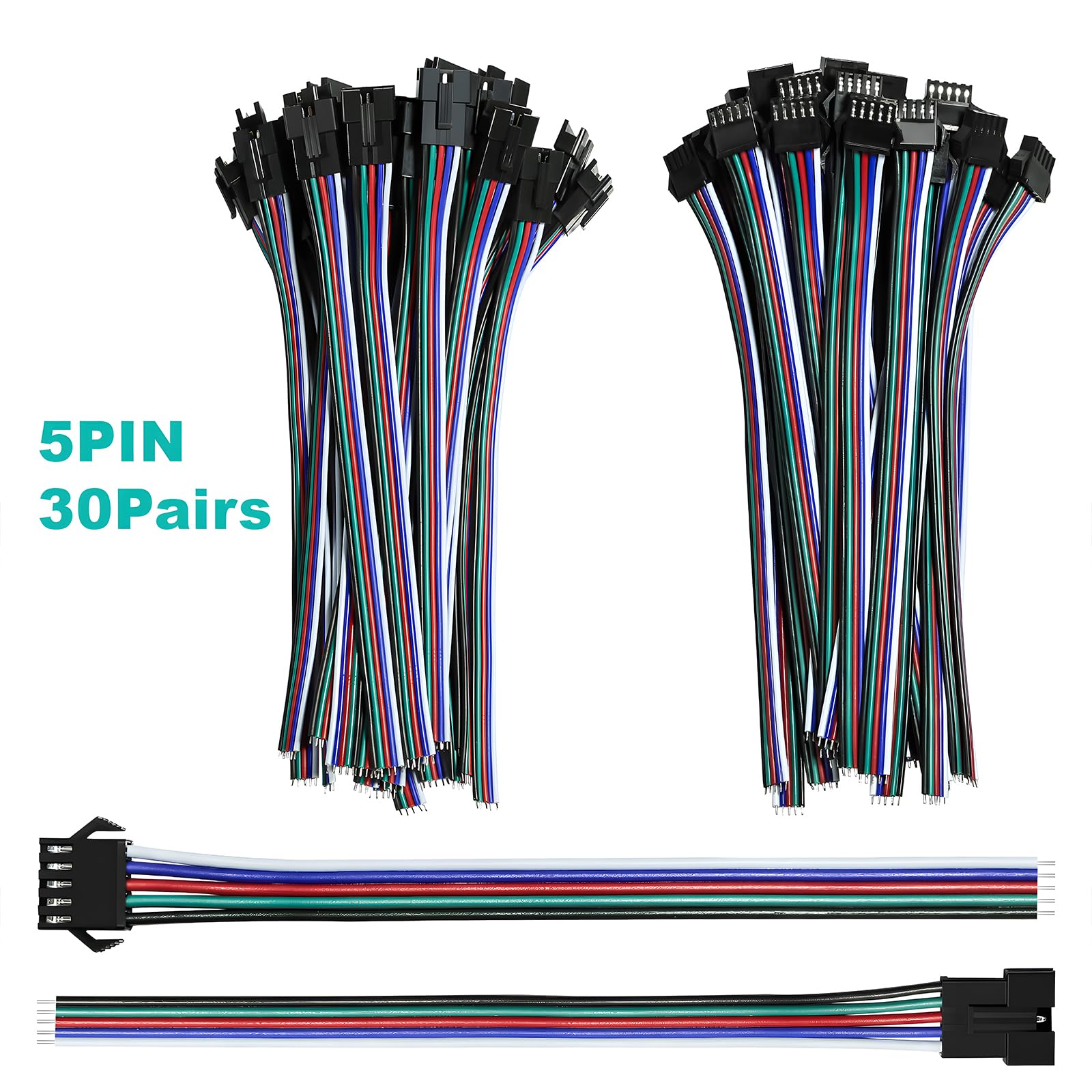 Visdoll 30 Pairs Jst Sm 5 Pin Connectors Female/Male 20Awg Wire 15Cm Cable Led Strip Connector For 5050 Rgbw Rgbww Led Strip Light