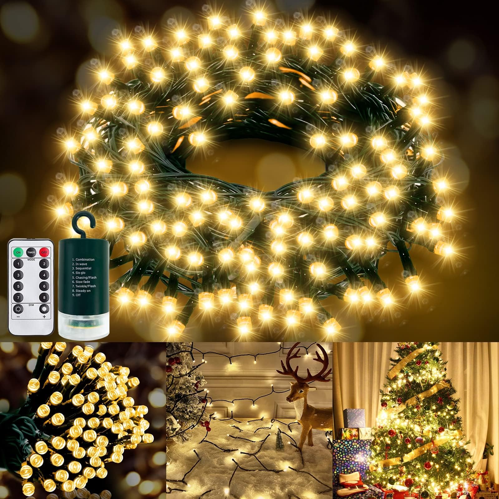 Turnmeon 120Led 39.4Ft Warm White Christmas String Lights With Timer & Remote, Waterproof
