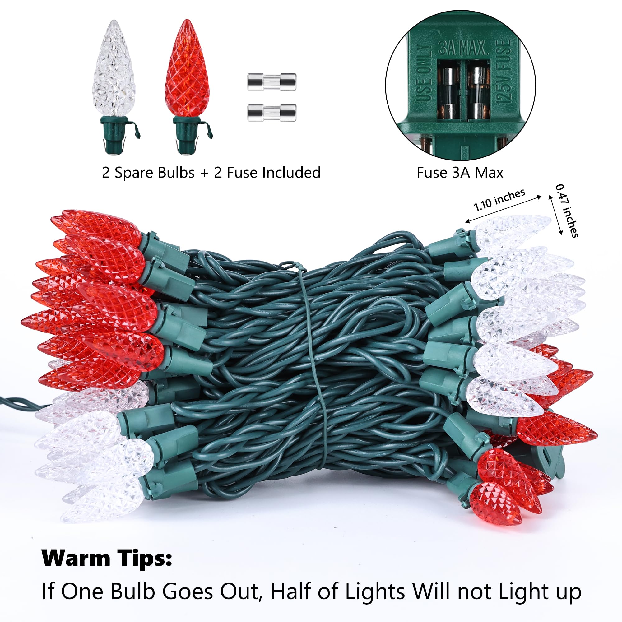 Brizled Christmas Lights, 33ft 100 LED, Red & Cool White, UL Certified, Connectable, Model TSD-100M-2/S-FT3