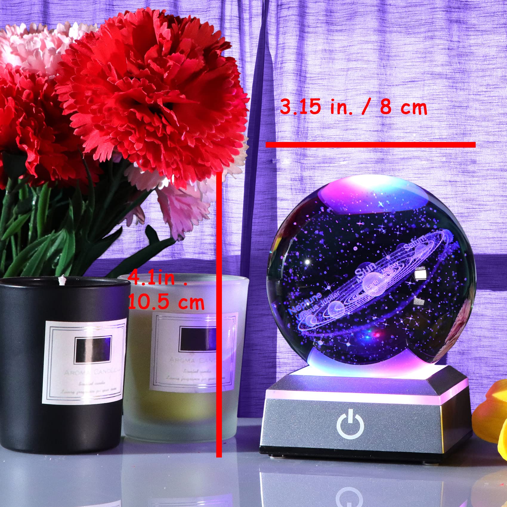 Ornalrist 3.15" K9 Crystal 3D Solar System Ball With Silver Led Colorful Lighting Touch Base, Engraving Solar System Star Planet Model, Science Universe Astronomy Gifts For Astronomy Lovers