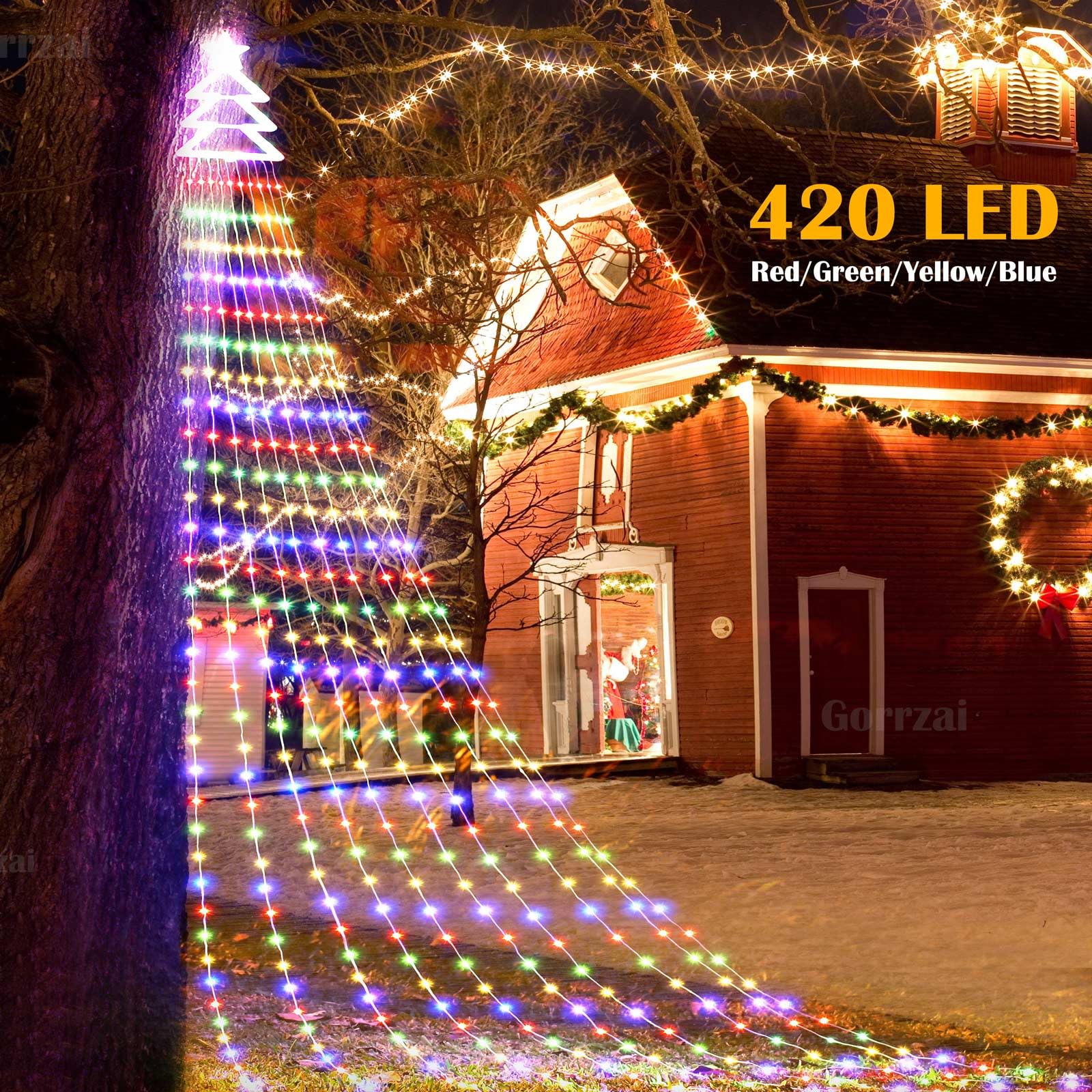 Outdoor Christmas Decorations Star String Lights 420 Led Waterproof Waterfall Lights With Christmas Tree Topper, Gorrzai 8 Light
