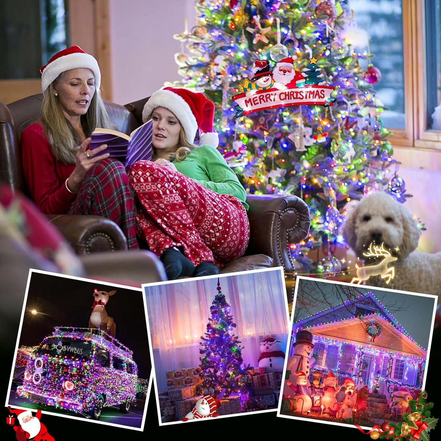 Jmexsuss 2 Pack 100Led Multicolor Christmas Lights Indoor, 33 Ft Connectable Christmas Tree Lights Multicolor Outdoor Waterproof, 8 Modes Christmas String Lights Plug In For House Tree Party