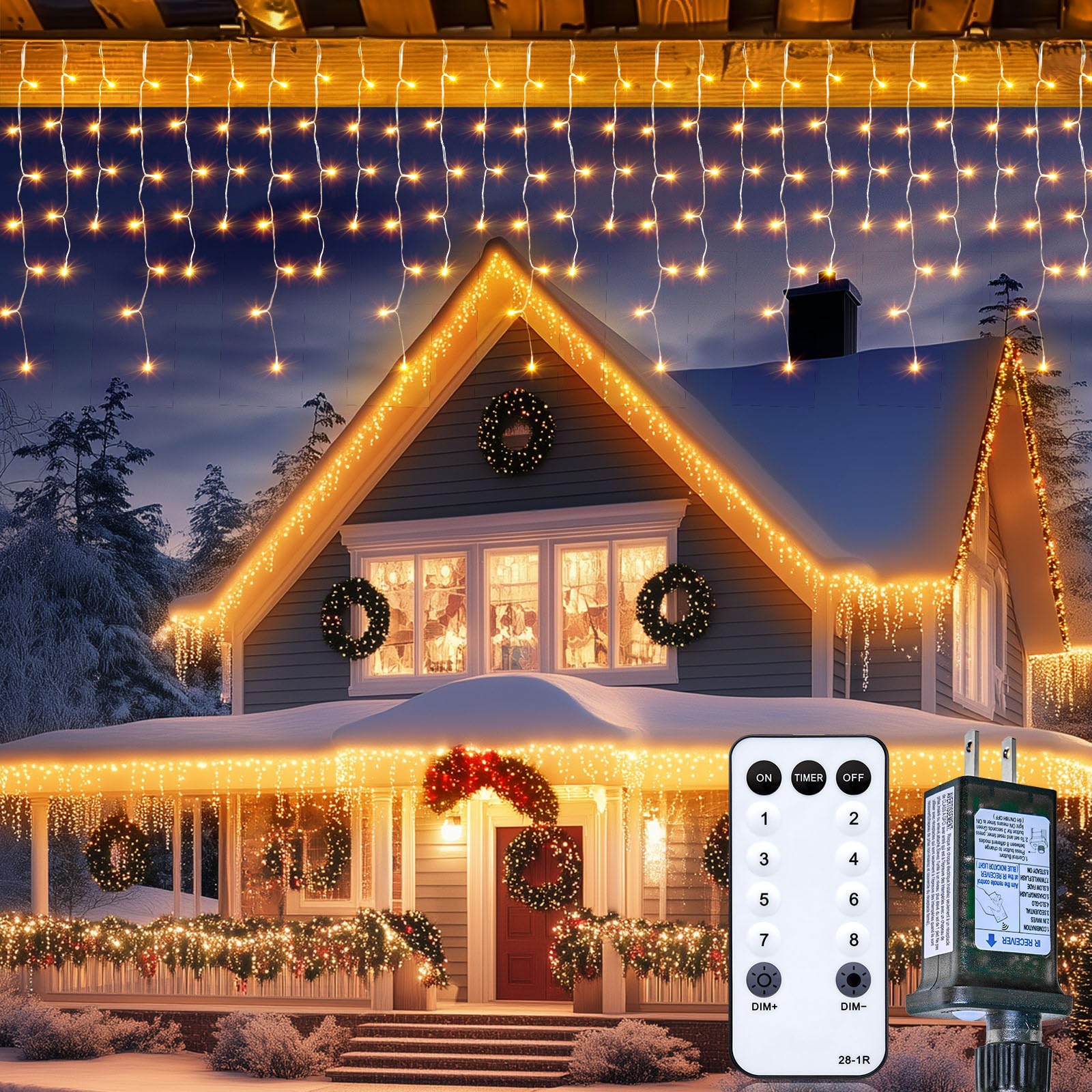 Minetom Icicle Lights - 100Ft 832 LED Warm White Outdoor Christmas Lights with 156 Drops, Remote & Timer, Ideal for House Roof