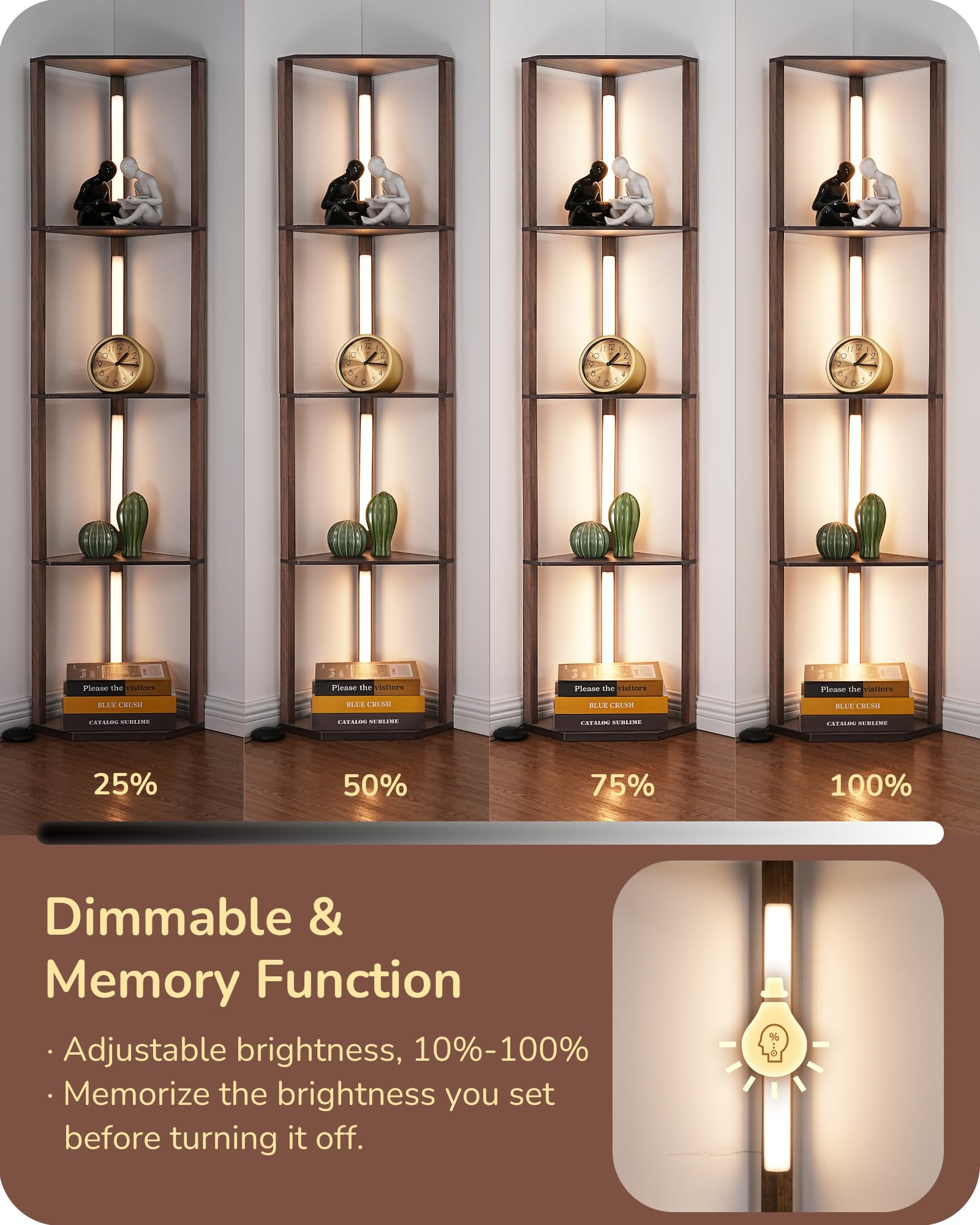 EDISHINE Dimmable LED Floor Lamp with Shelves, 44 x 33.5 x 16 inches, Walnut, Model HFLHA1C, Modern Corner Lamp for Living Room and