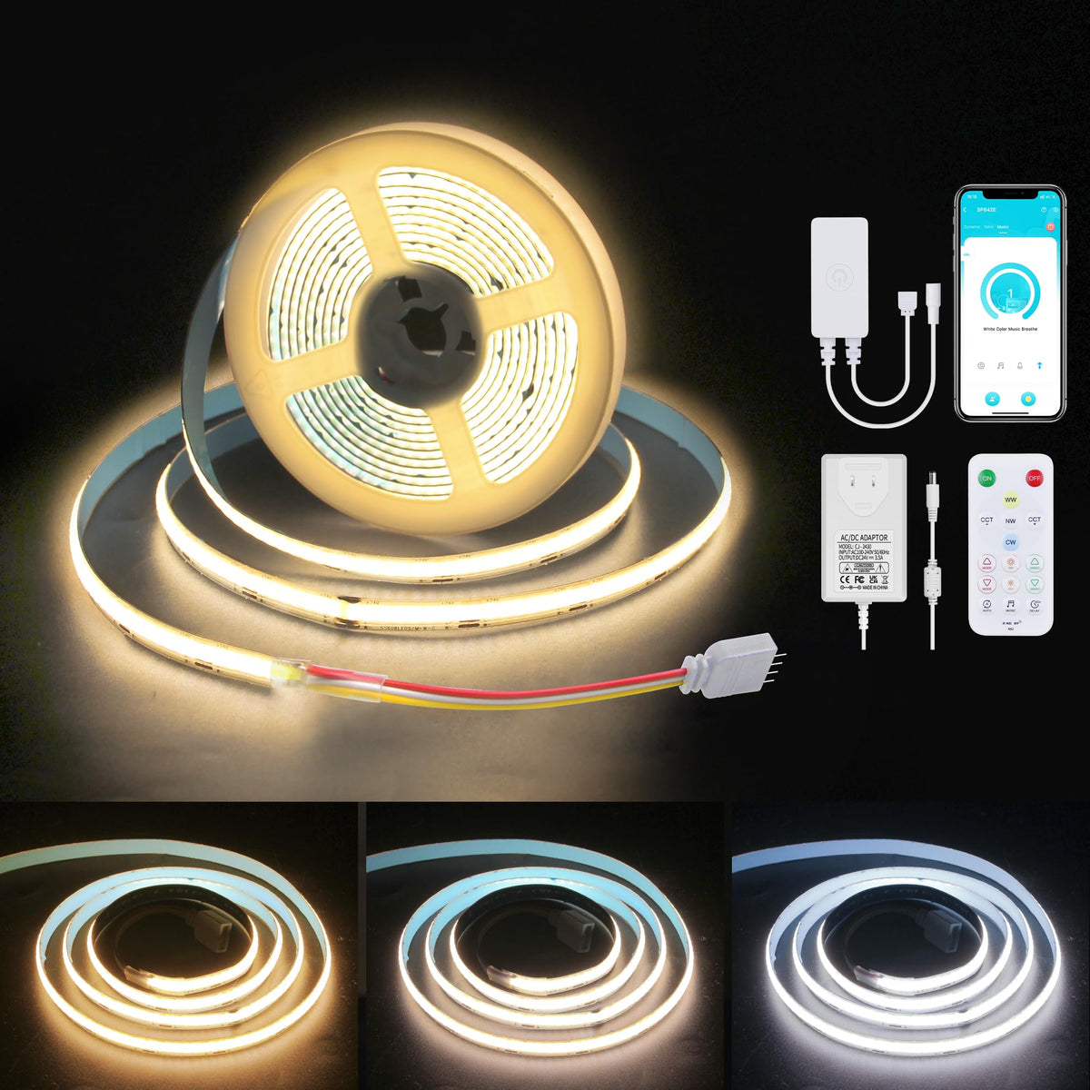 ALITOVE 24V COB LED Light Strip White CCT Tunable CRI>90 High Density LED Strip Light Kit with APP Control Music Mode 9.8ft 1824