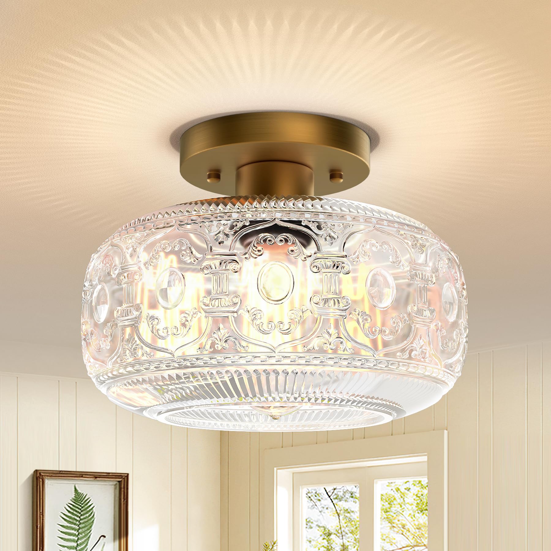 Oykyohei Gold Vintage Semi Flush Mount Ceiling Light, Globe Glass Fixture For Hallway & Bedroom