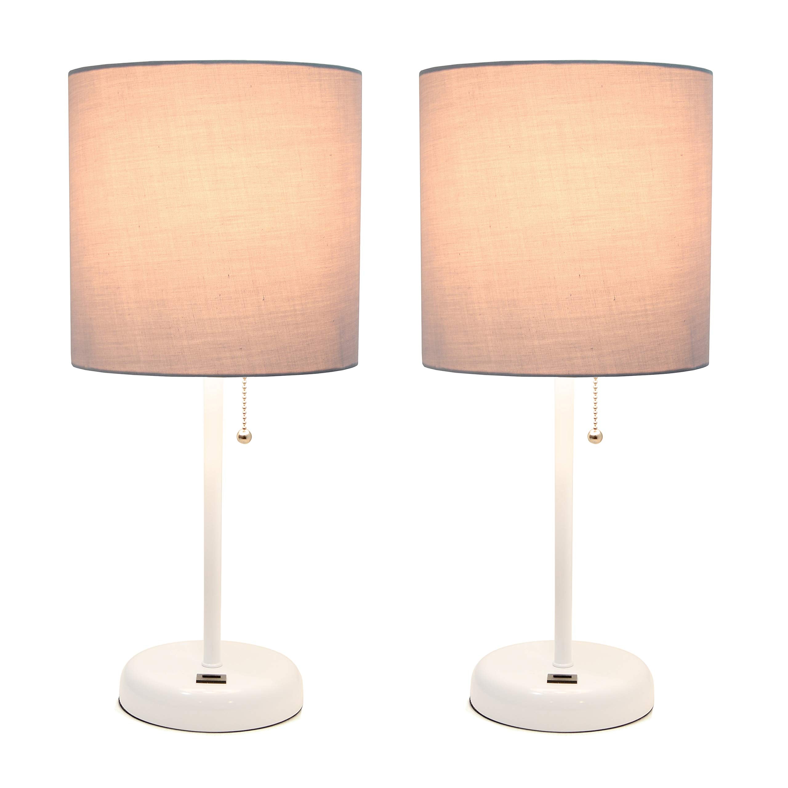 Simple Designs Lc2002-Gow-2Pk White Stick Table Lamp Set With Usb Charging Port And Gray Fabric Shades, 2 Pack Set