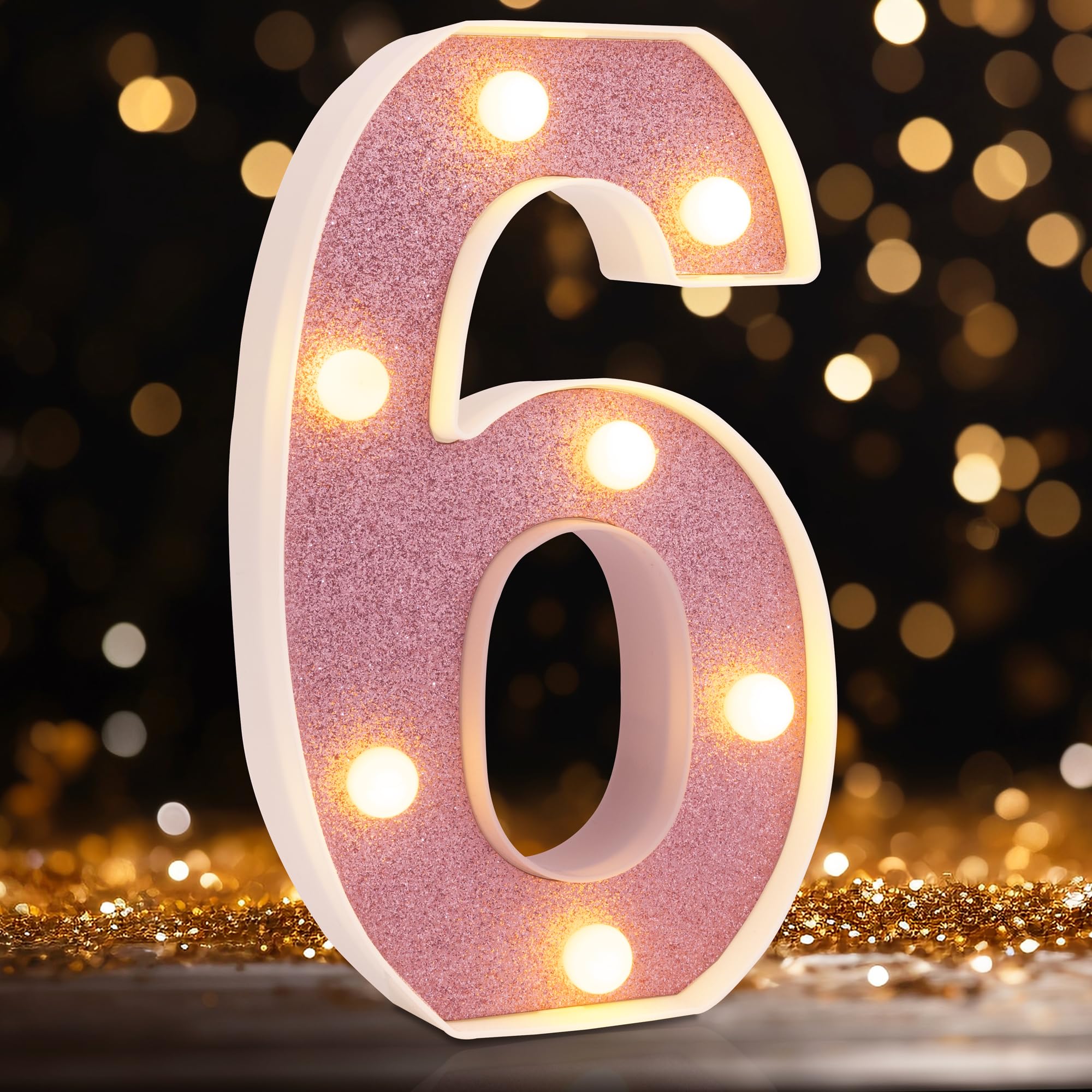 DyingSwan LED Marquee Number Light, Pink Glitter, 8.58 Inch, Battery Powered, Number 6, Plastic Decor