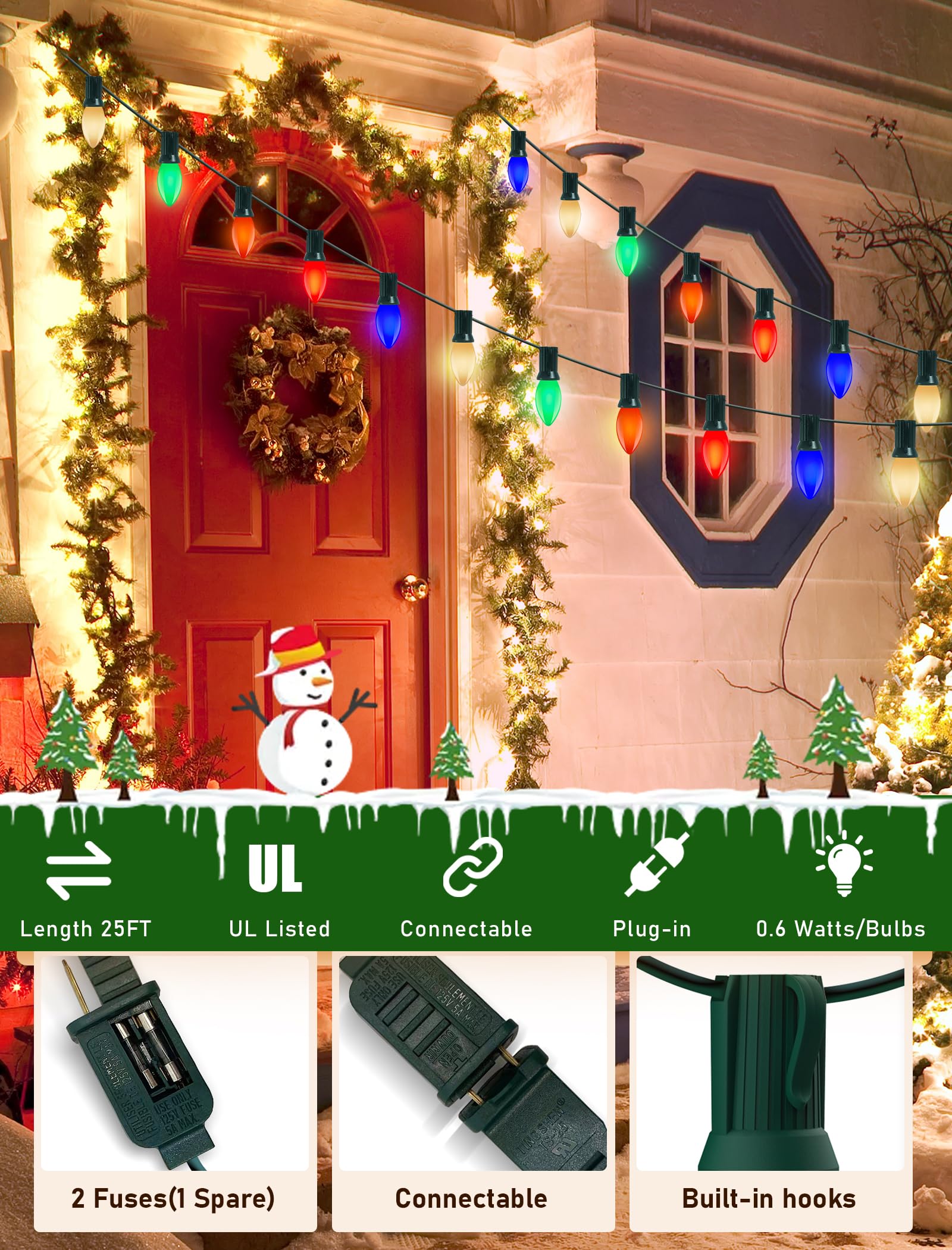 C9 Led Christmas Lights Outdoor 25Ft Outdoor Christmas Decorations String Lights Waterproof With 26 C9 Led Multicolor Bulbs, Han