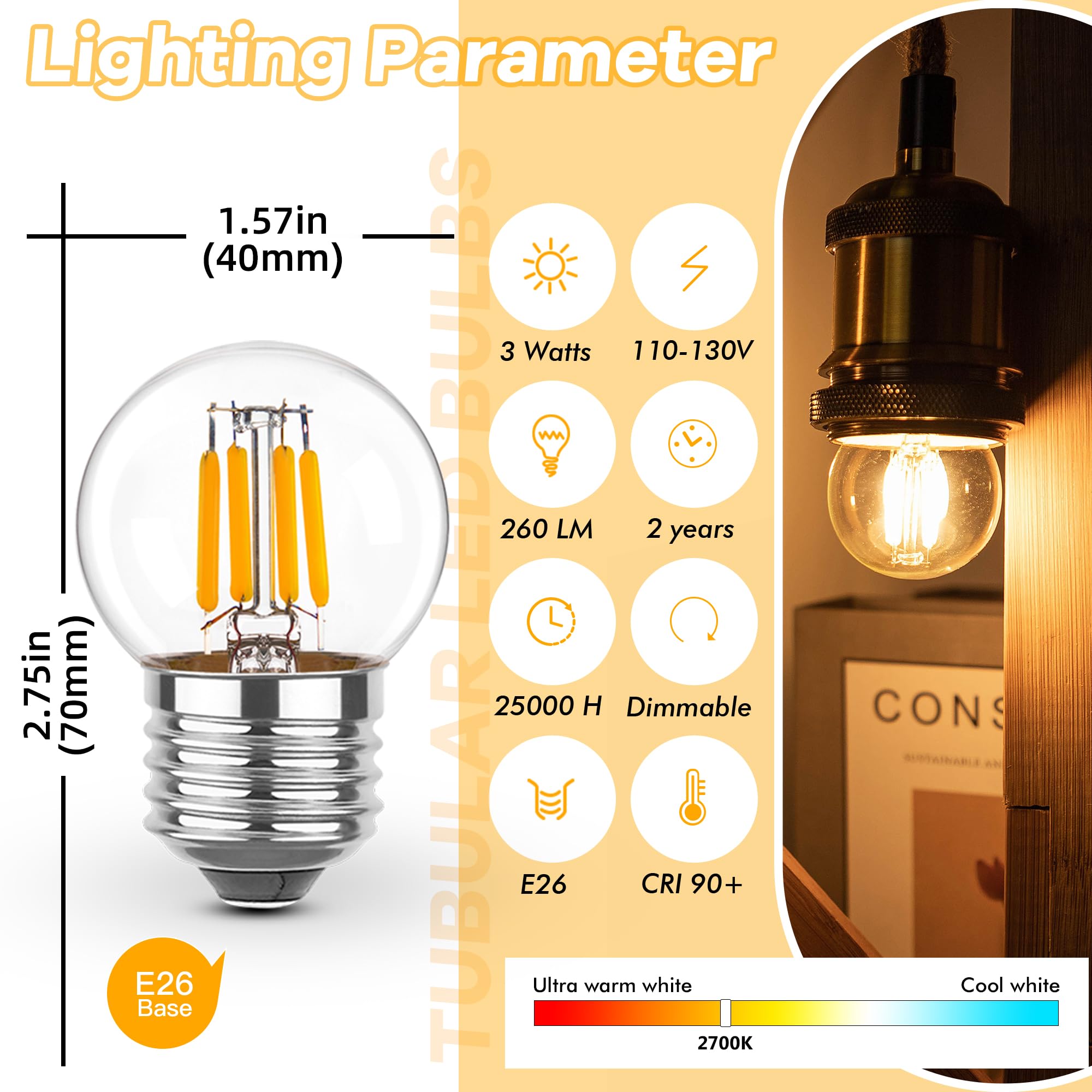 Grensk Dimmable Low Watt Led Bulbs 3 Watt, 25 Watt Small Light Bulbs,E26 Screw Base G40 Globe Edison Light Bulbs,Warm White 2700