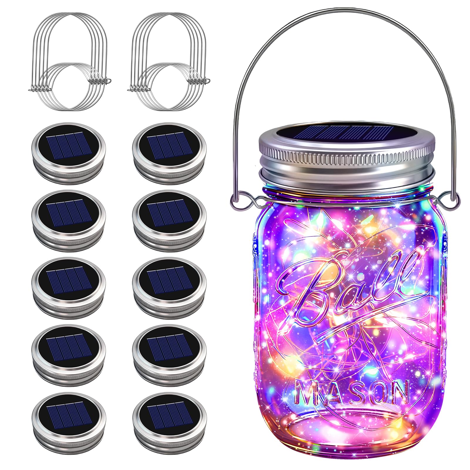 VOOKRY Solar Mason Jar Lid Lights - 10 Pack 30 Led Mason Jar Solar Lights Outdoor Fairy Lights with Hangers(No Jars) Waterproof 