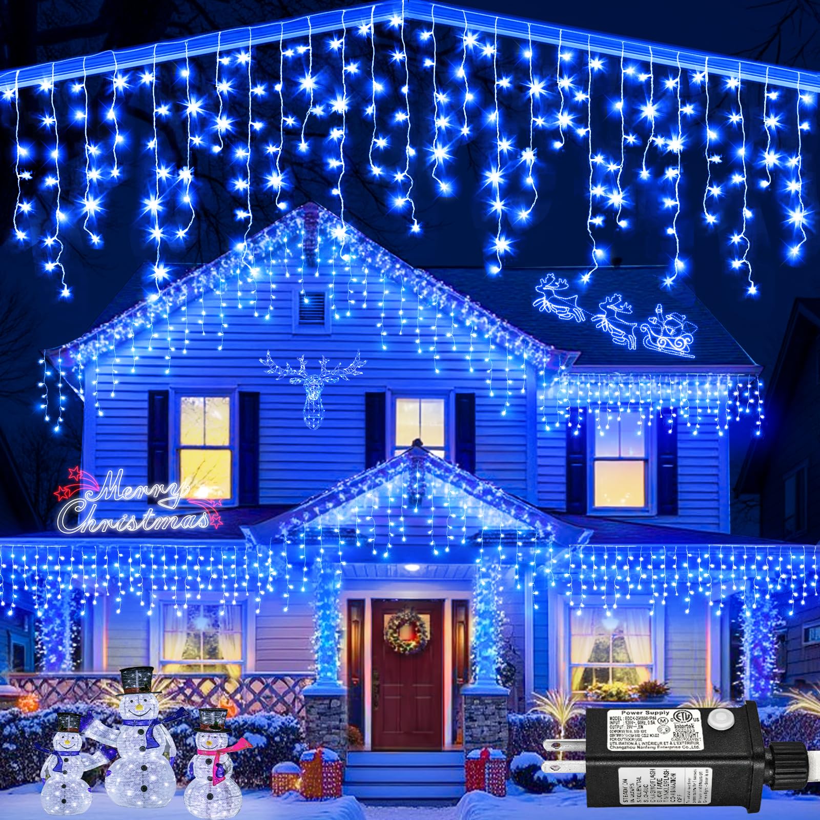 Nielfoi Icicle Lights Outdoor - 66ft 640LED Waterproof String Lights, 120 Drops, 8 Modes, Blue