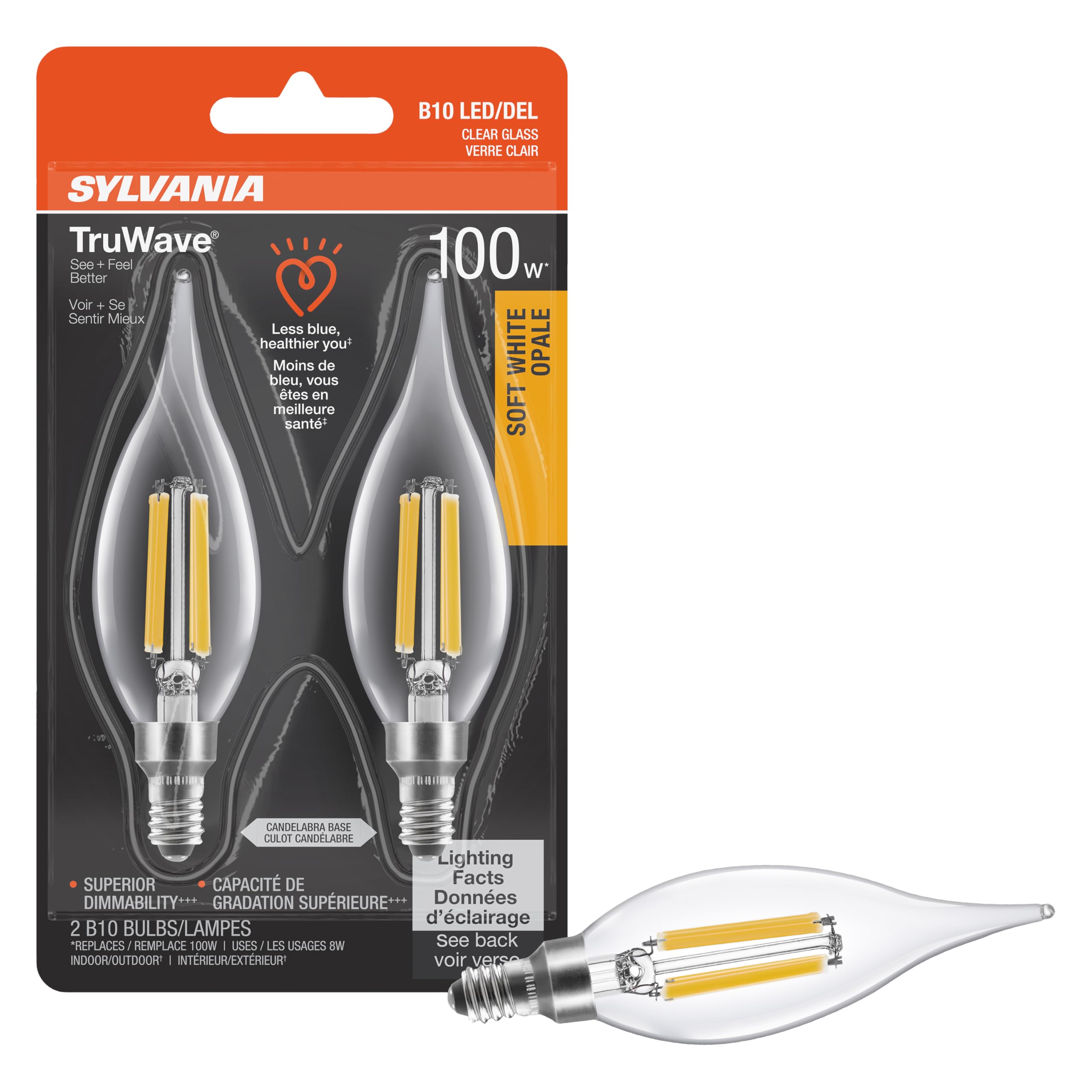 Sylvania Led Truwave Natural Series D  Cor Light Bulb, B10 Chandelier 100W Equivalent, Efficient 8W, Candelabra Base, Dimmable, 