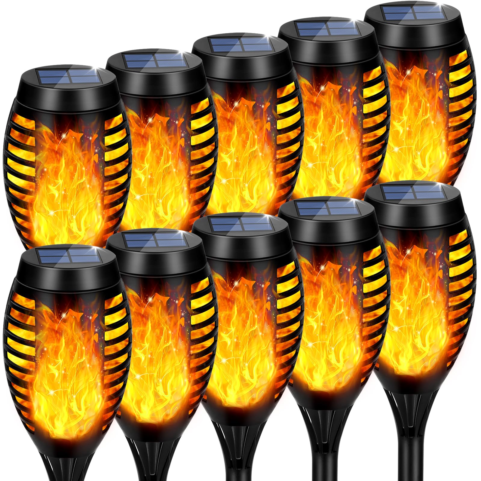 AOUNQ Solar Torch Lights, Upgraded 10 Pack, Waterproof Flickering Flame, Yellow, AO-USA 03-10Y