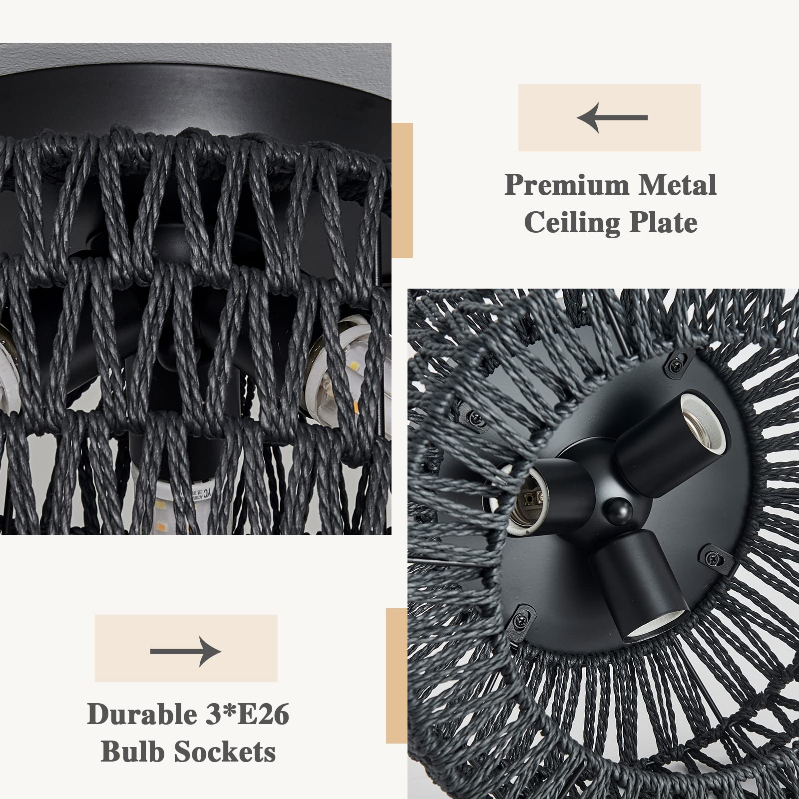 Rattan Light Fixtures Ceiling Mount, 3-Lights Boho Flush Mount Ceiling Light, Hand-Woven Cage Shade Lamp Lighting, Rustic Rattan Chandelier For Hallway Bedroom Kitchen Farmhouse Foyer Entryway (Black)