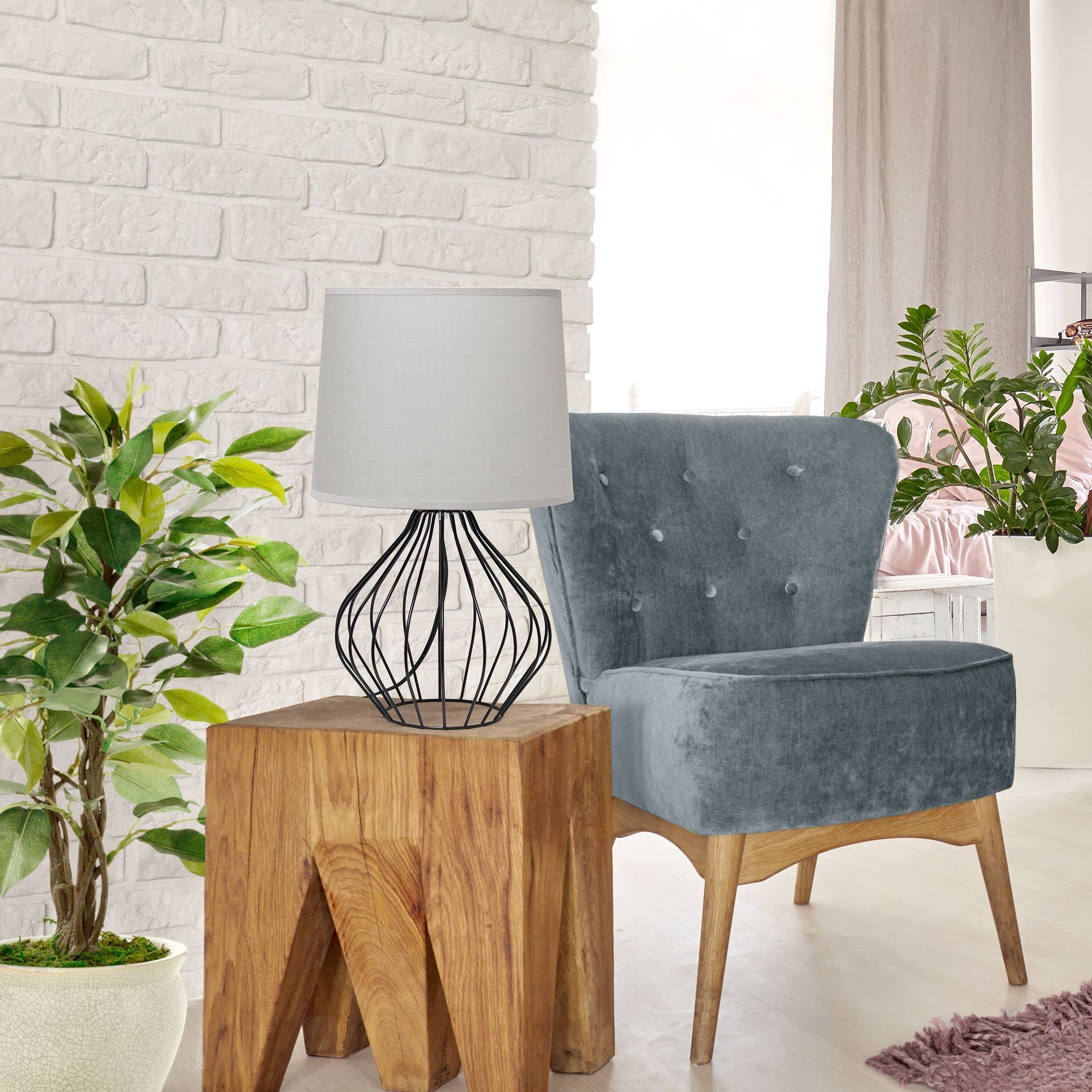 Simple Designs LT2086-GOB Bedside Table Lamp, Iron, 12.25inL x 12.25inW x 19.75inH, Black Base with Gray Shade