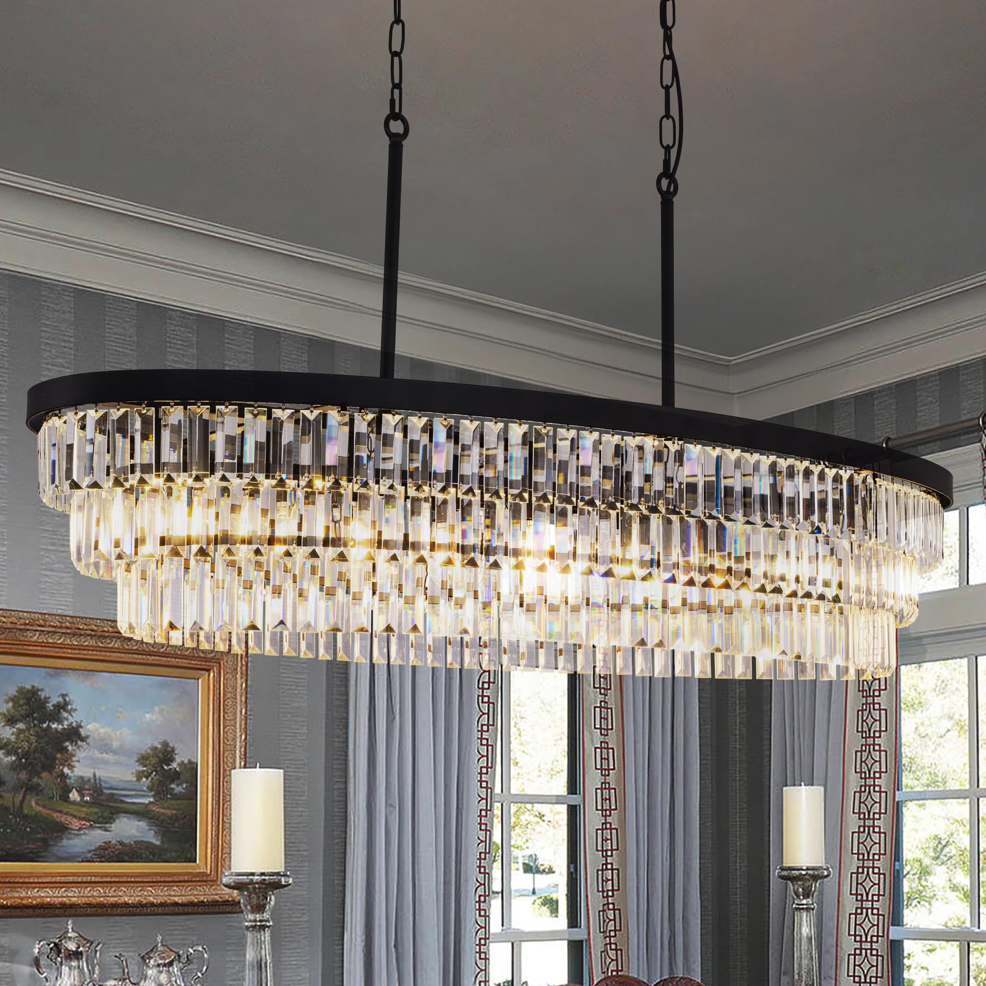 TOCHIC Crystal Chandelier 47 inch  9 Lights Large Black Crystal Chandeliers for Dining Room  Modern Farmhouse Oval Chandelier Kitchen Island Lighting Fixture for High Ceiling  Living Room  Bar
