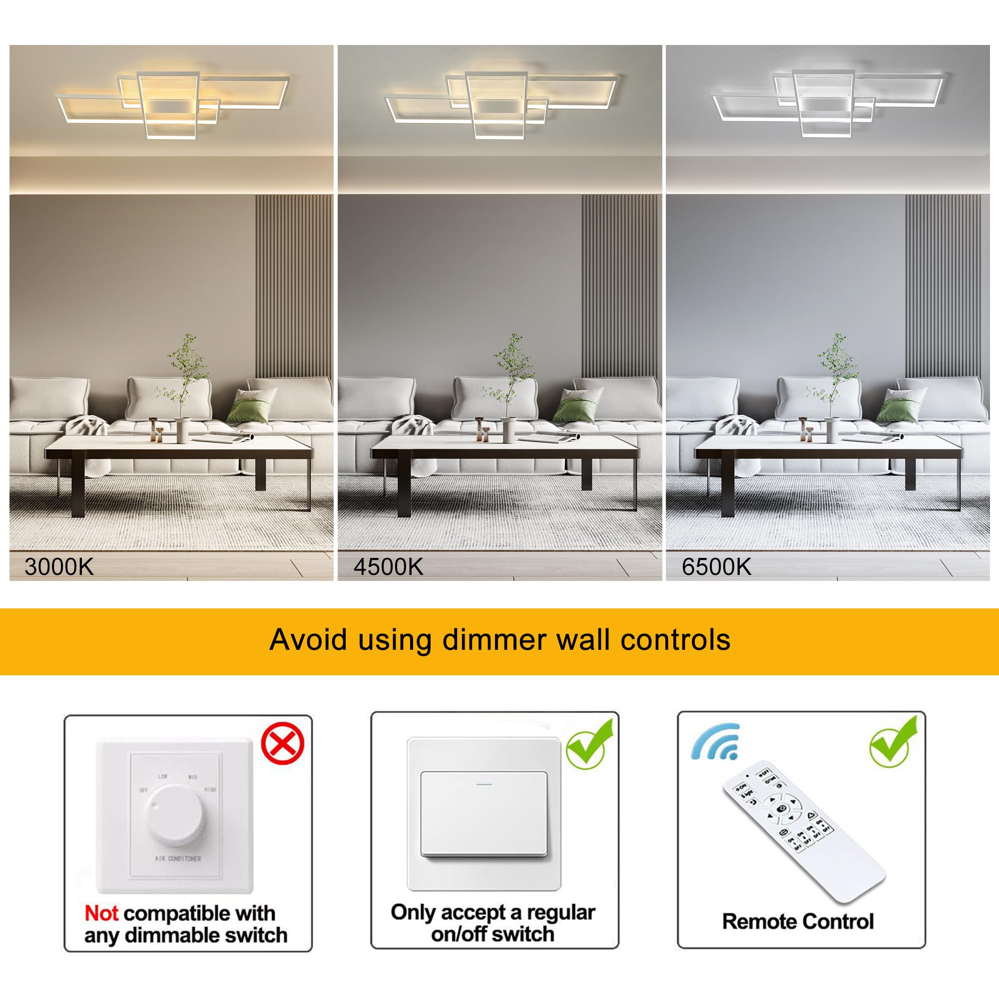 Jaycomey Modern Ceiling Light Dimmable Led Chandelier With Remote Control,50W 3-Layer Square Ceiling Lamp Acrylic Flush Mount Ce