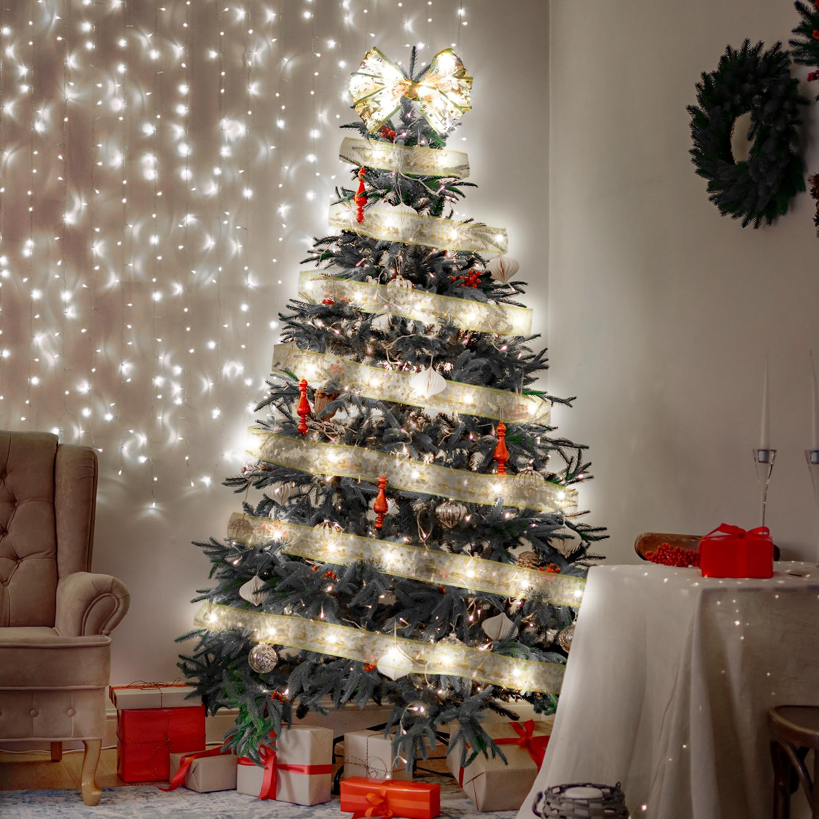 Kproe Christmas Tree Decorations, 64Ft 200 Led Christmas Tree Copper Wire Ribbon Bows Lights With 8 Lighting Modes, Battery Oper