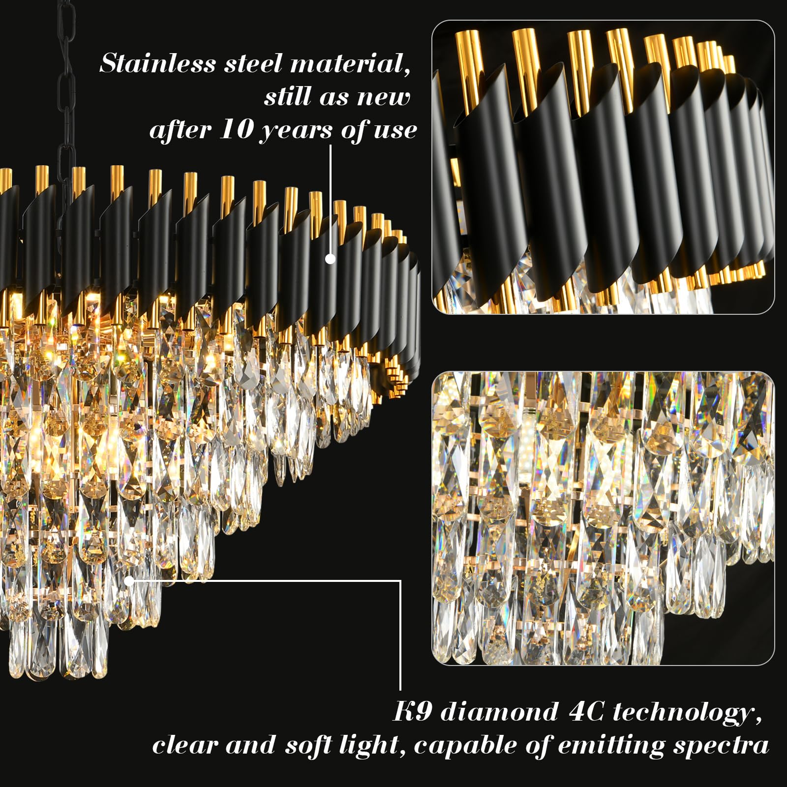 AKDXIRUN Modern Crystal Chandelier 15-Light Round Pendant Light W29” Black and Gold for Dining Room, Foyer, Staircase - Model XR00165