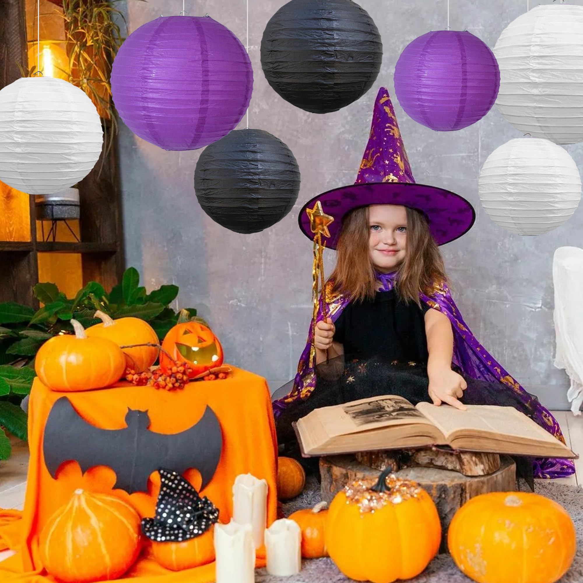 Beishida 12Pcs Purple Black White Paper Lanterns Decorative Chinese/Japanese Hanging Round Paper Lanterns Lamp For Halloween Birthday  Wedding  Christmas  Bridal Home Decor  Party Decoration