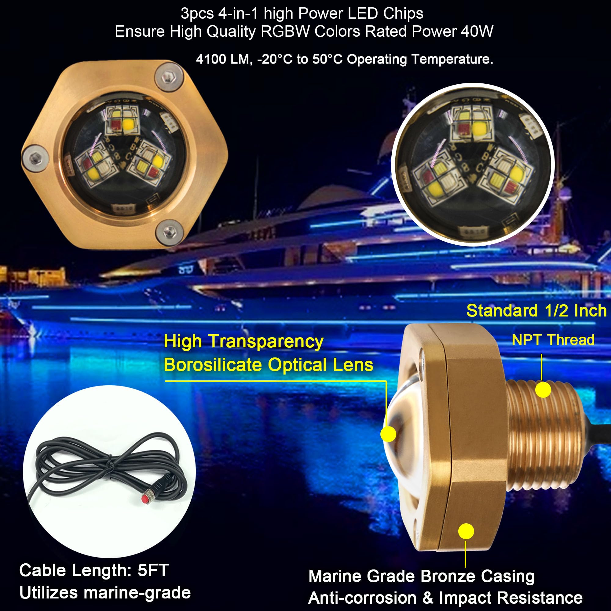 NBWDY RGBW LED Boat Drain Plug Light - 2 Pcs, IP68, Marine Grade Bronze, APP Remote Control, 4100LM Underwater Lighting