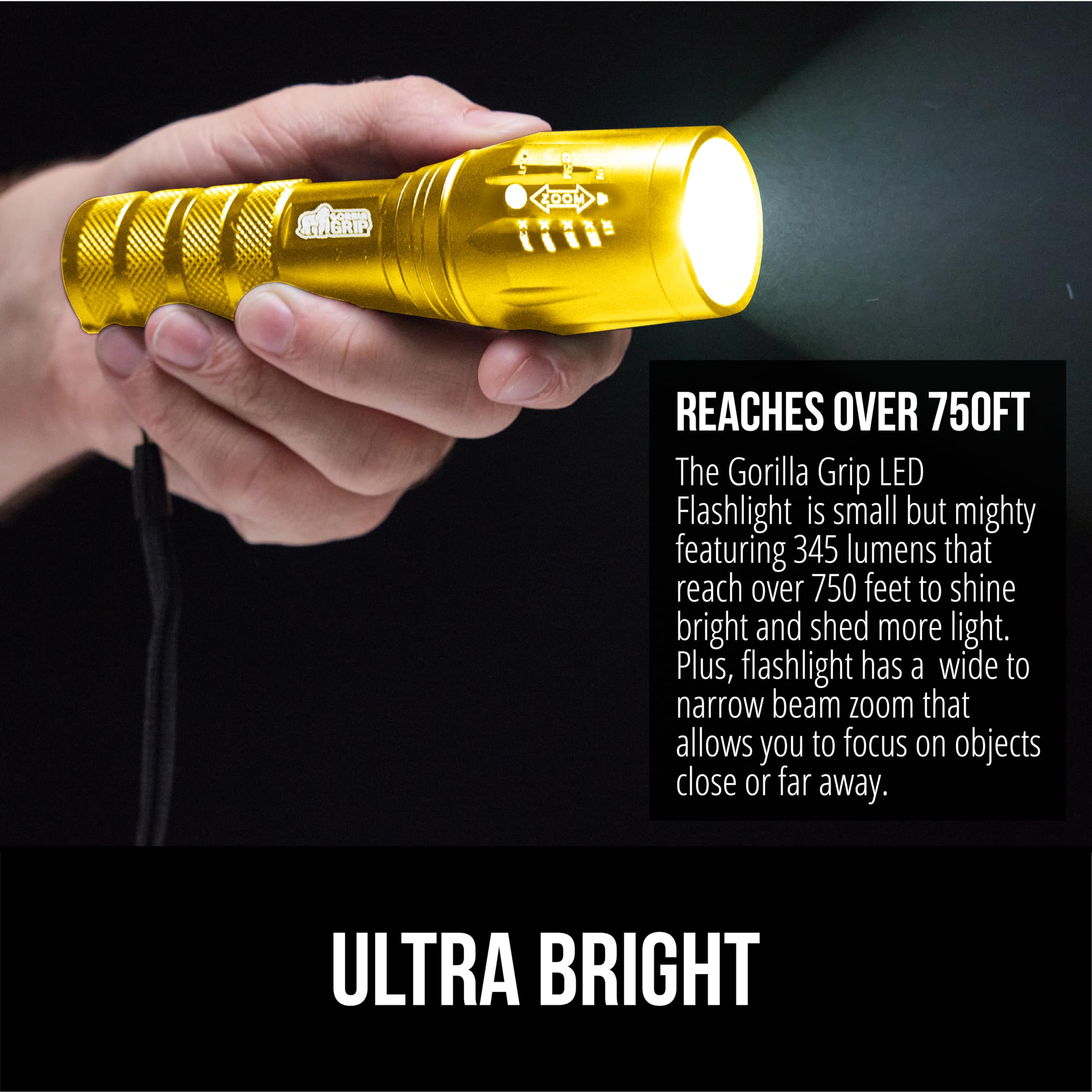 GORILLA GRIP Powerful LED Tactical Flashlight, 750 FT High Lumens 5 Adjustable Modes, Water Resistant, Ultra Bright Zoom Flashli