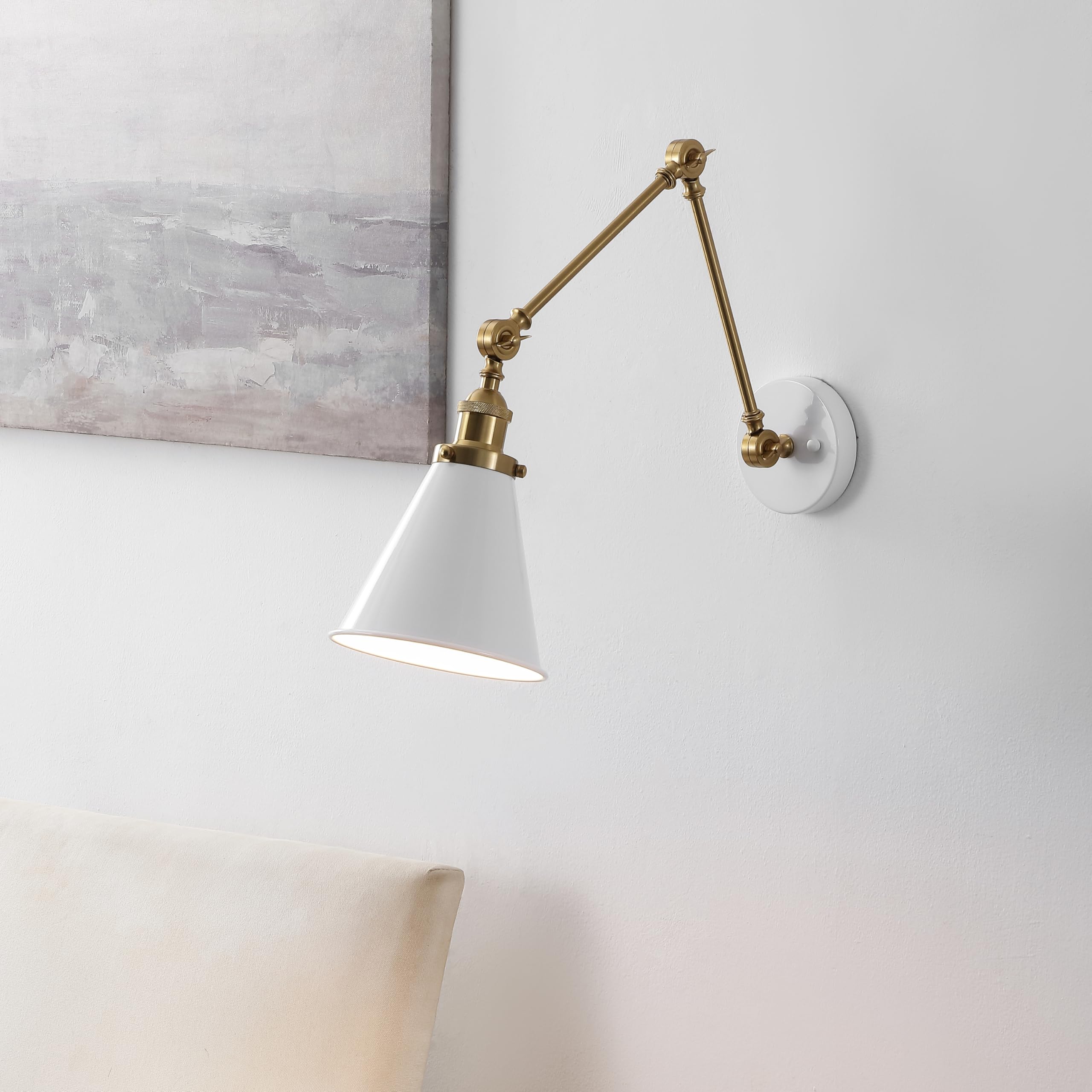 Jonathan Y Jyl7462B Rover 7'' Classic Industrial Metal Adjustable Arm Led Wall Sconce, White/Brass Gold For Bedroom, Bathroom, V
