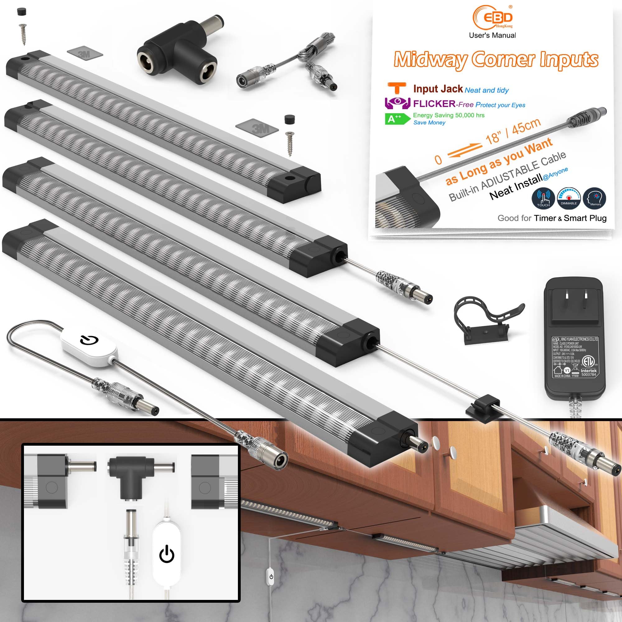 EBD LED under cabinet lighting for kitchen Built-in Adjustable Cable CORNER INPUT under-counter light fixture 4 Pcs work bench L