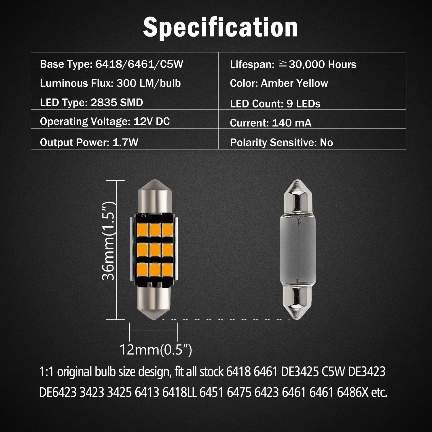Brishine 6418 Led Bulbs, Super Bright Amber Yellow 2835 Chipsets Canbus Error Free 36Mm 1.5    Festoon 6411 6461 De3425 C5W Led