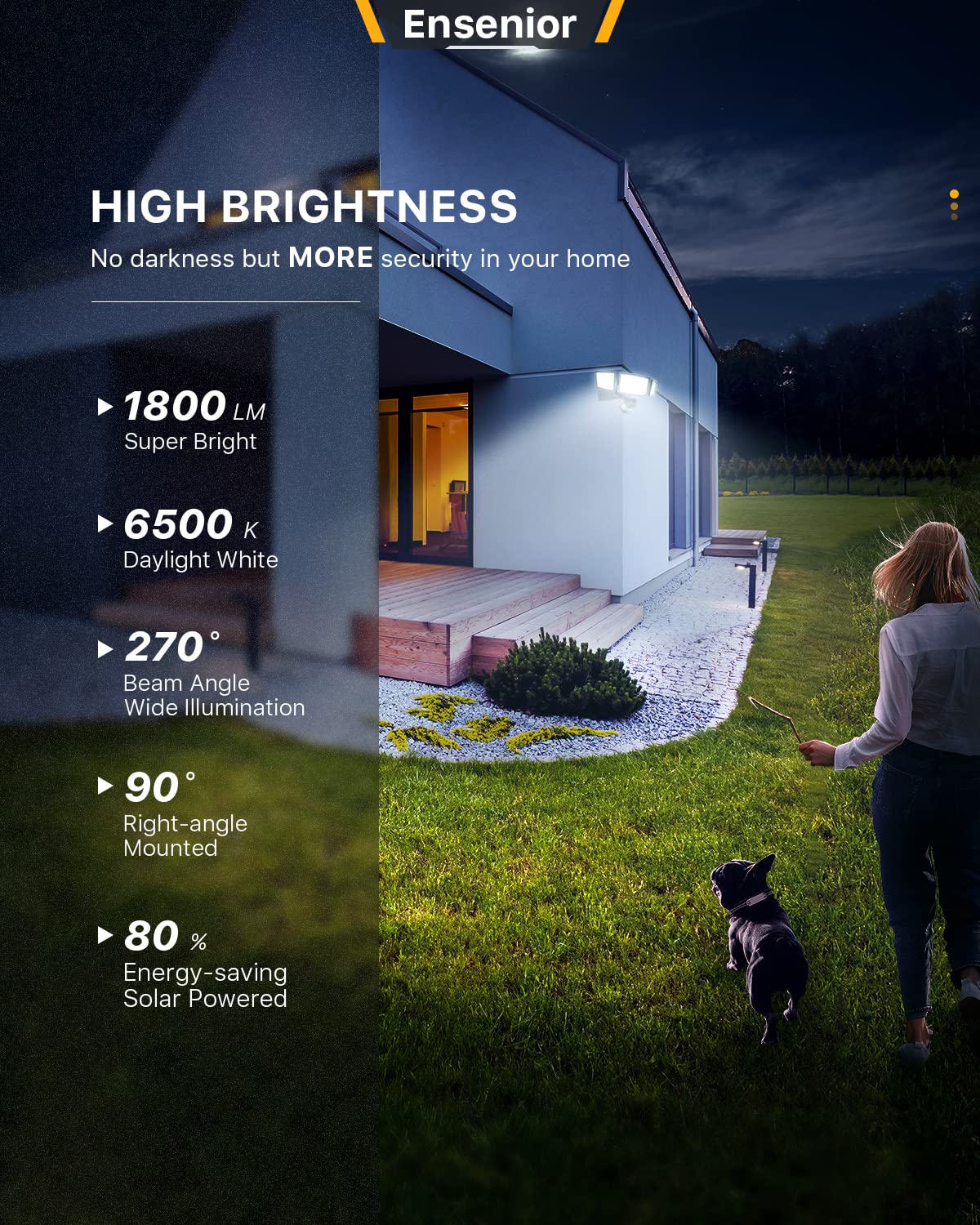 Ensenior Solar Security Light - 5 Motion Sensor Modes, 1800LM, 270° Wide Angle, 3 Heads, IP65 Waterproof, Black, Model AQ1-SOL-BL
