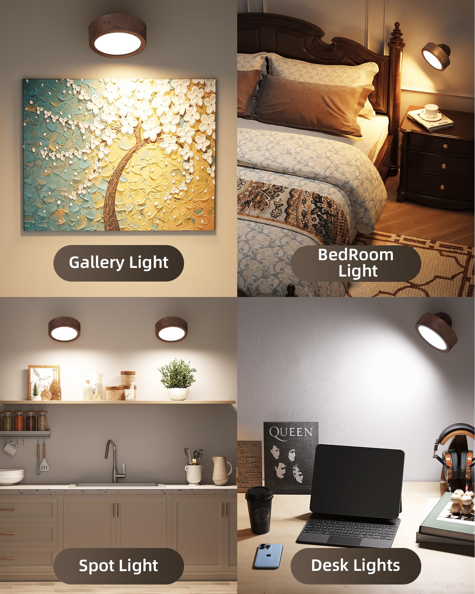 EZVALO LED Wall Mounted Lights, 3 Color Temps, Remote & Touch Control, 2 Pack, Black Walnut, Model EZL2404A
