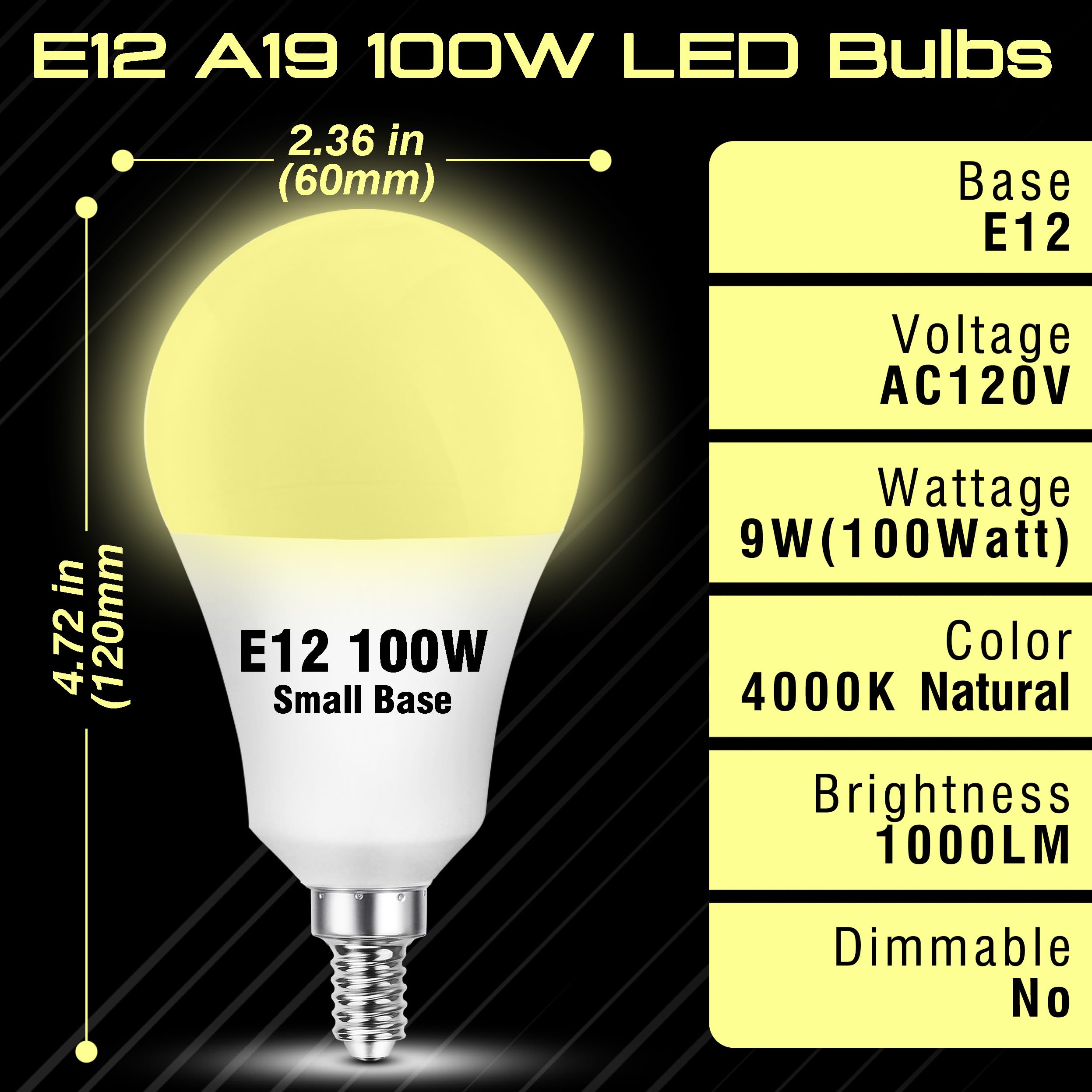E12 Led Candelabra Bulb 100Watt Equivalent  4000K Natural White  E12 A19 Led Ceiling Fan Light Bulbs A60 Globe Shape For Chandelier Pendant Wall Sconces Lighting  9W 1000Lm  Non-Dimmable  2 Pack