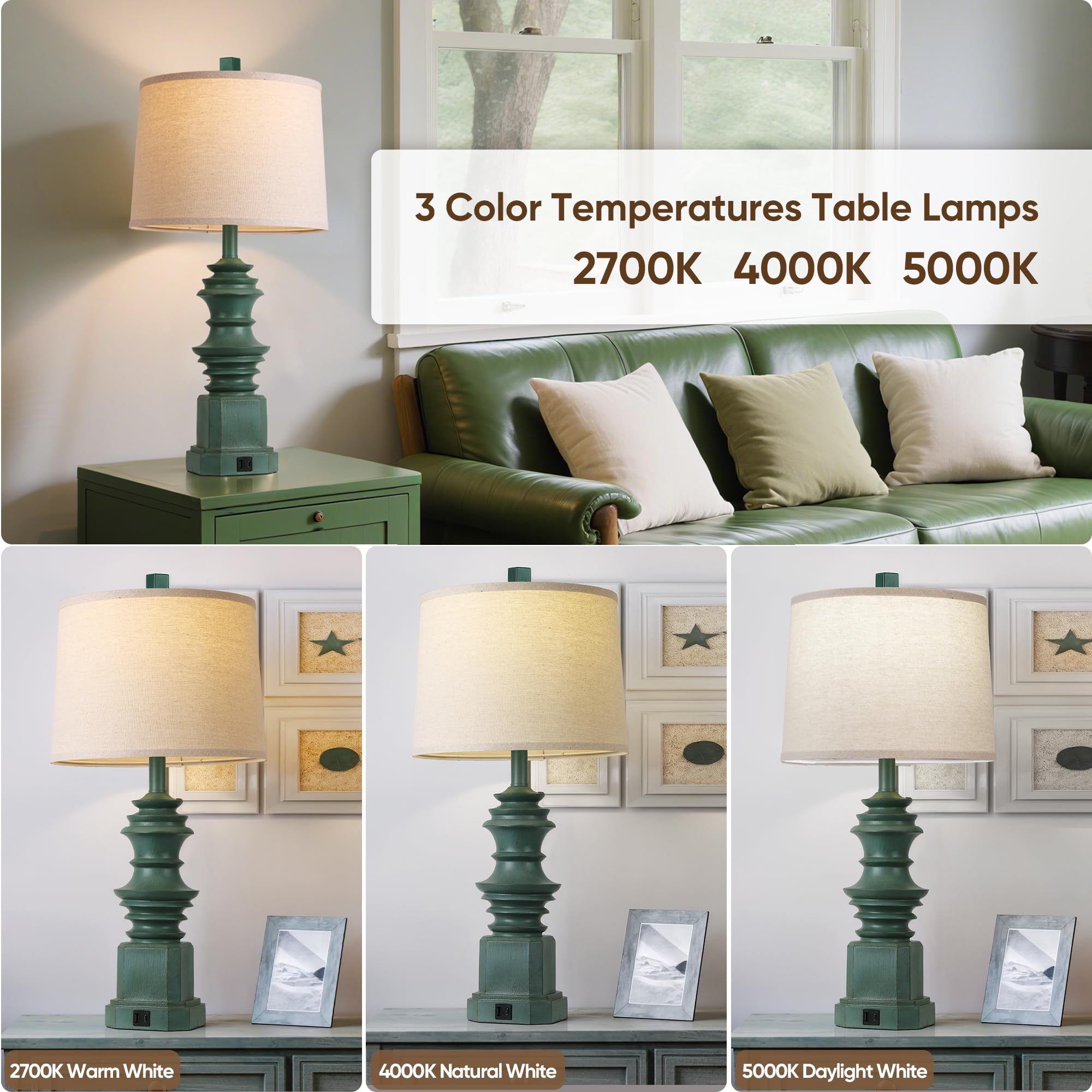 QiMH Table Lamps Set of 2, USB A+C Ports, Farmhouse Style, White Fabric Shade, Green, Model STR-DL-0087