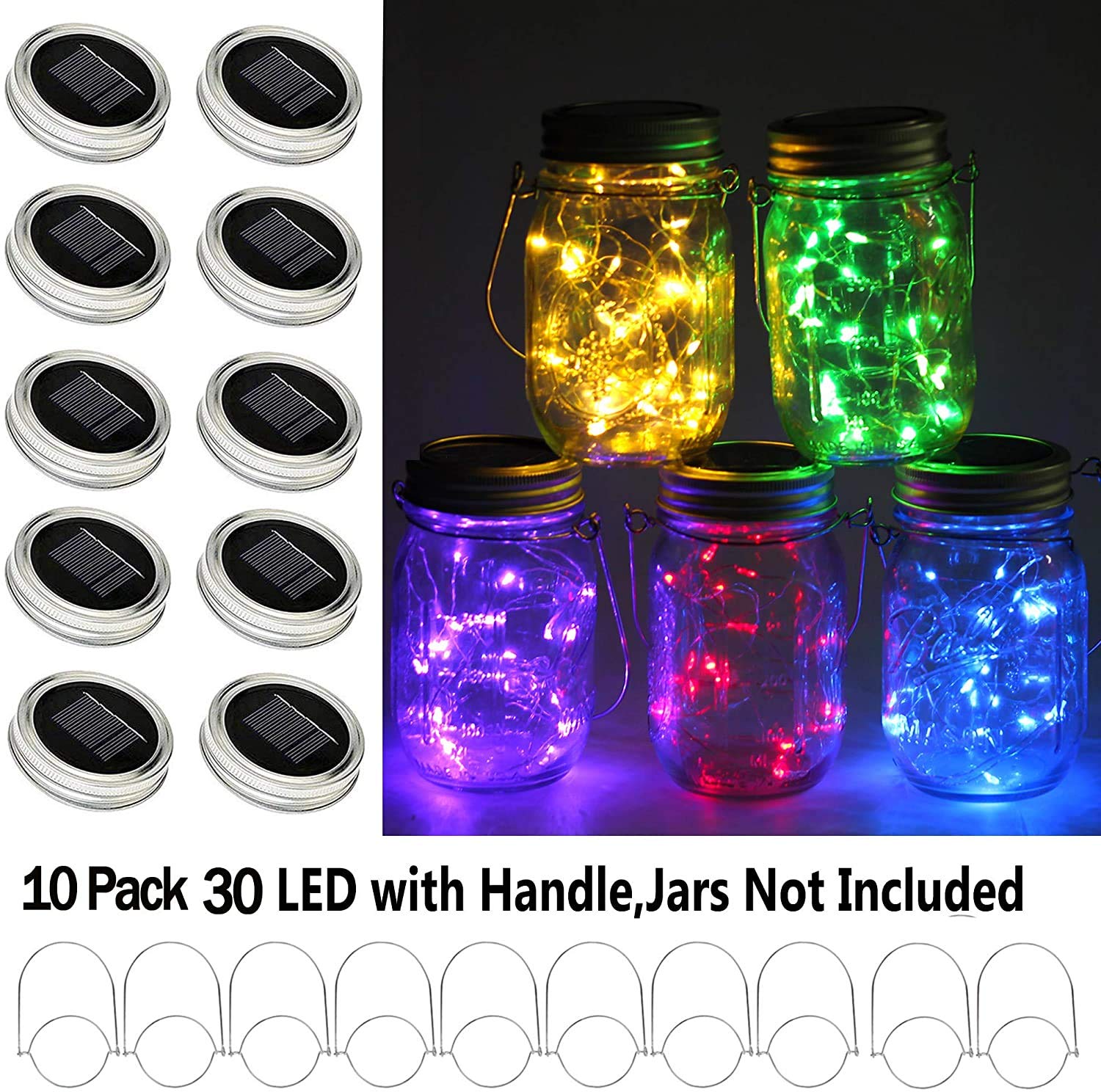 Solar Mason Jar Lights Lids, 10 Pack 30 Led Solar Fairy Lights For Regular Mouth Mason Jars, Outdoor Hanging Jar For Garden Yard