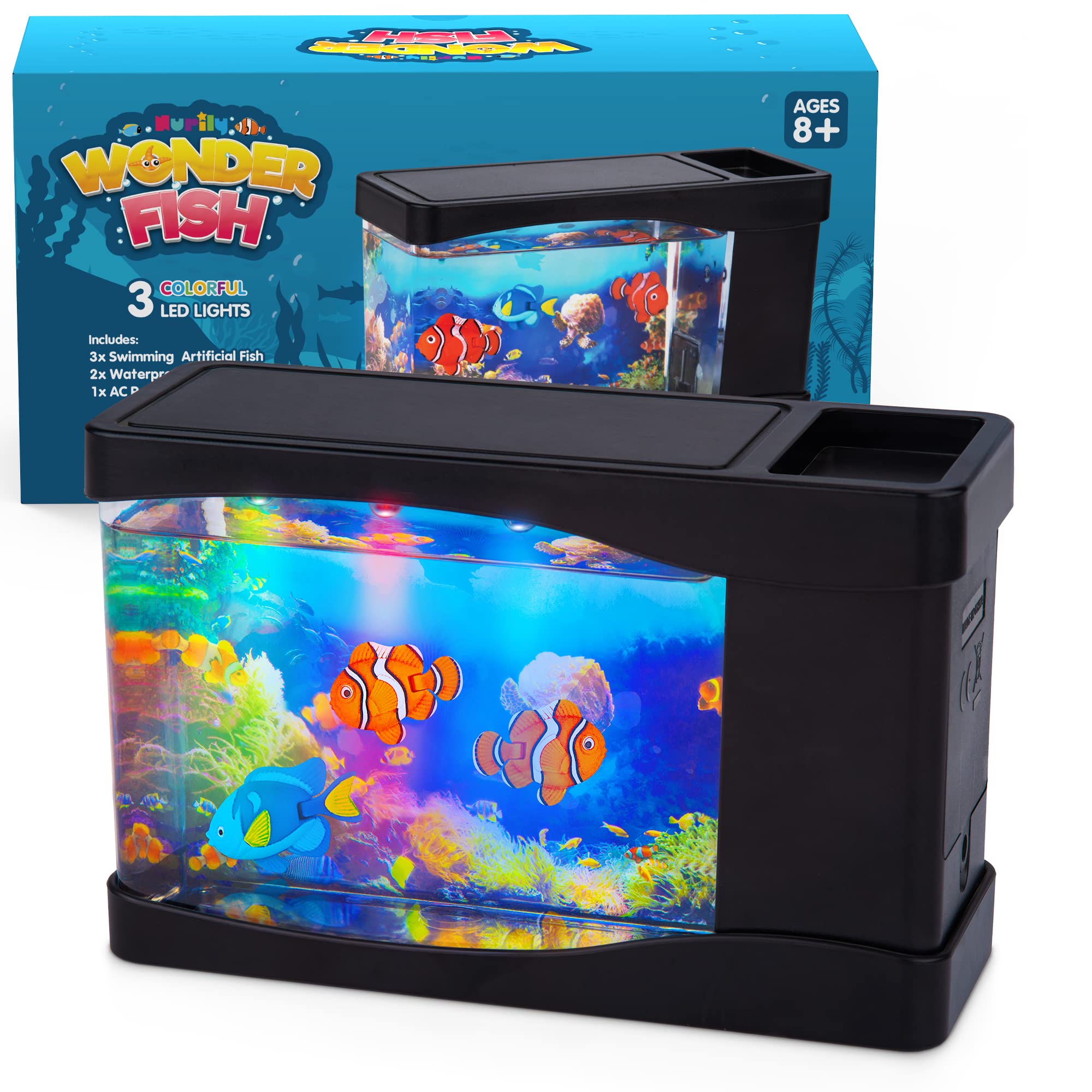 Artificial Fish Tank Virtual Ocean Toy In Motion Lamp - Mini Office Desk Aquarium 3 Colorful Led Lights, Moving Bubbles, Gift Fo