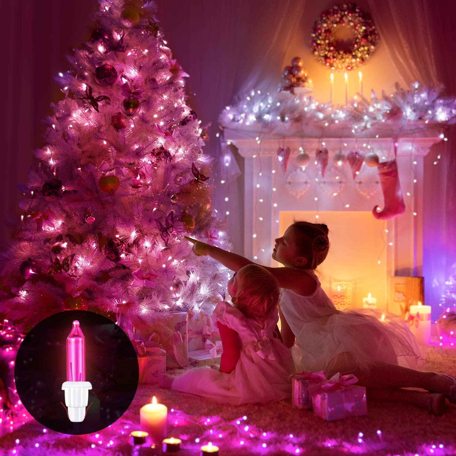Mudder 100 Pieces Mini Incandescent Replacement Christmas Tree Light Bulbs, White Base with Pink Bulb for Holiday Decoration