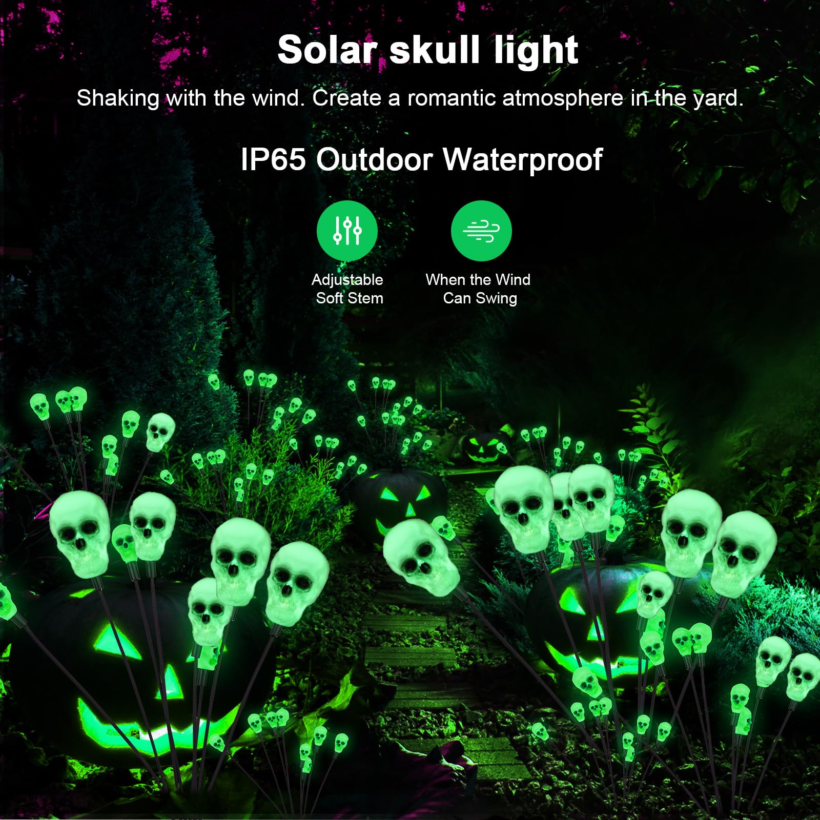 2Packs Halloween Decorations Outdoor Scary Solar Skull Lights,16Led Green Skull Swaying Firefly Lights,Waterproof Solar Halloween Path Lights For Yard/Garden/Lawn/Party Decor (Skull)