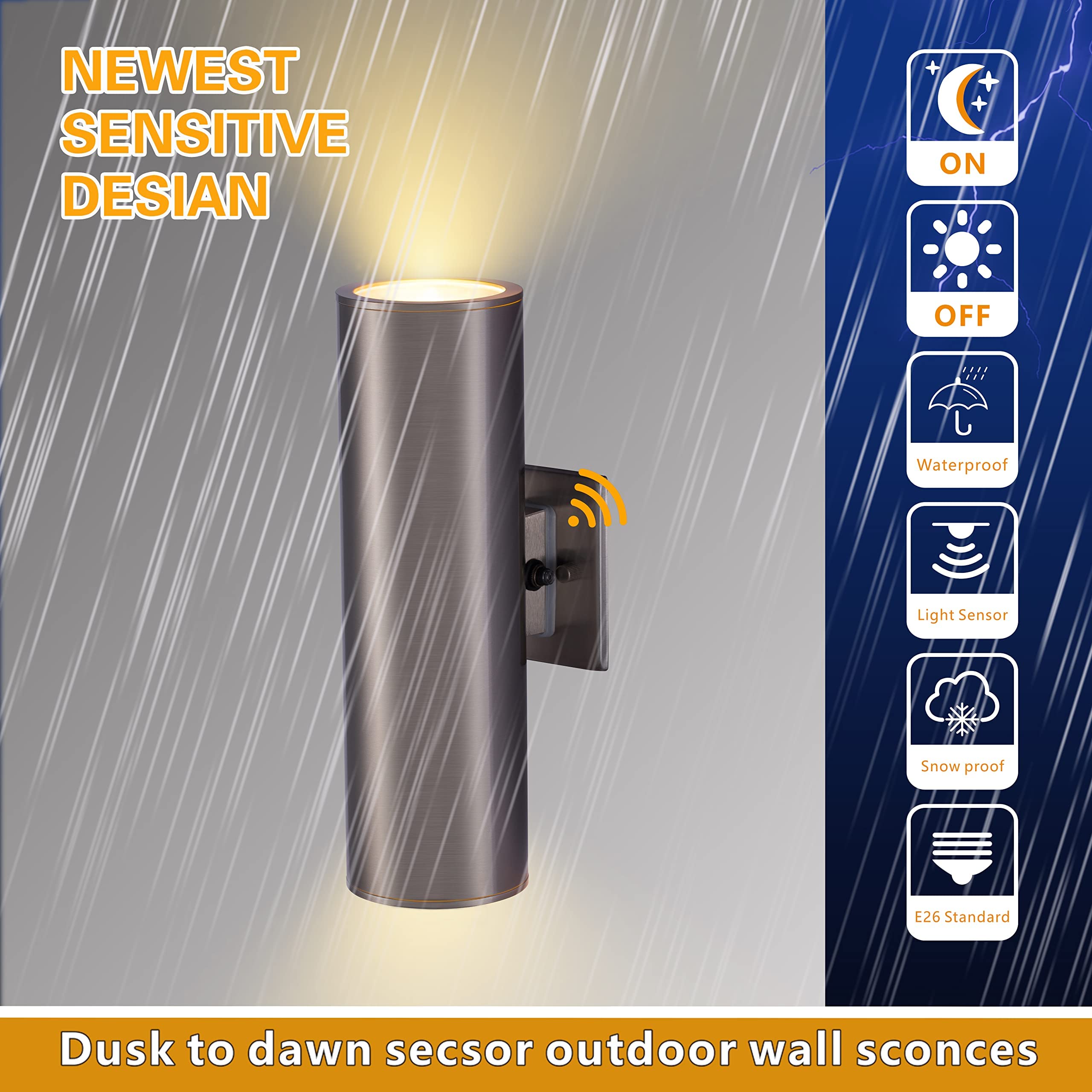 TENGXIN Dusk to Dawn Outdoor Wall Sconce, Stainless Steel, Brushed Nickel with Sensor, 1 Pack, Model GMC00006BO-G