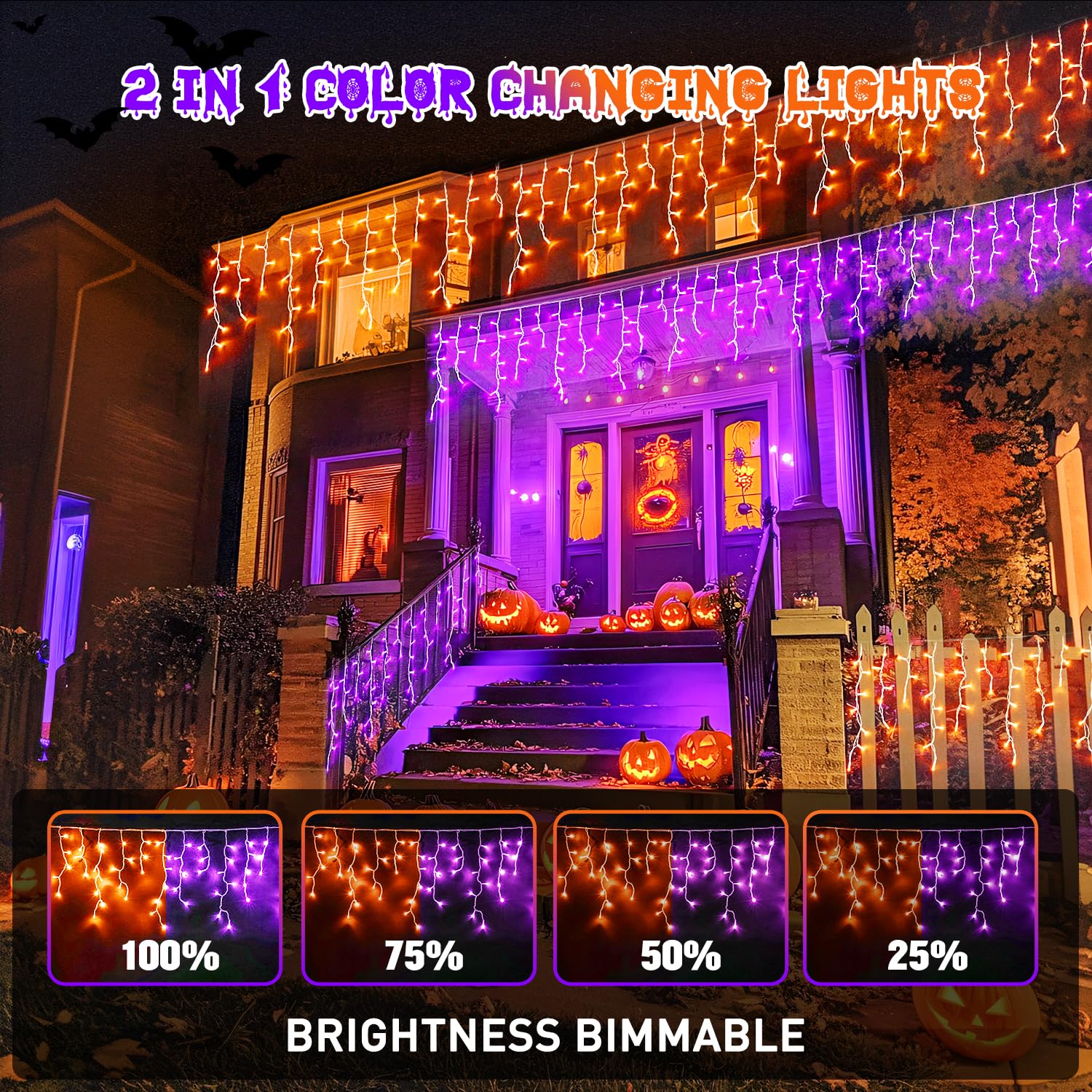 JMEXSUSS Halloween Icicle Lights, 400 LED, Waterproof, 11 Modes, Color Changing Orange to Purple, Model EXS-I-0400-R