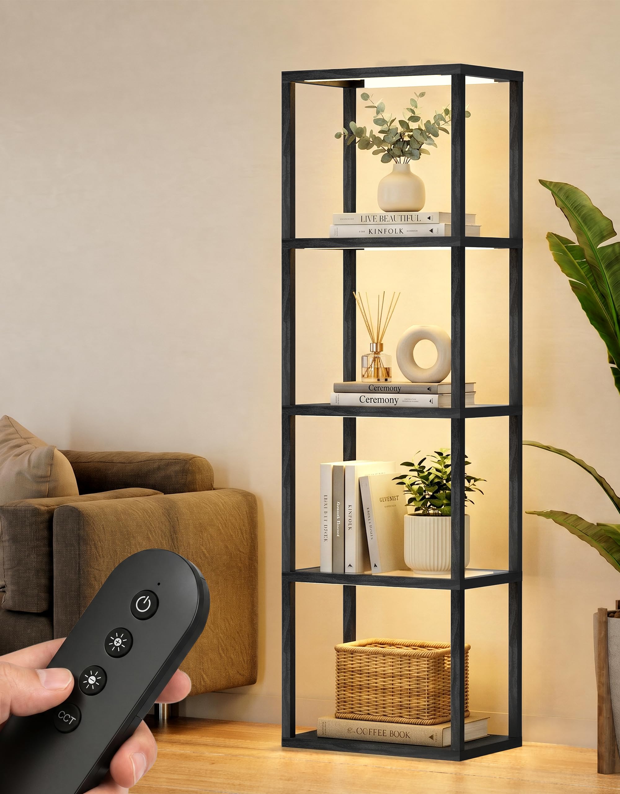 PARTPHONER Large Glass Display Shelf with Remote Control, Dimmable LED Floor Lamp with Shelves, Open Display Cabinet, 3 Color Te