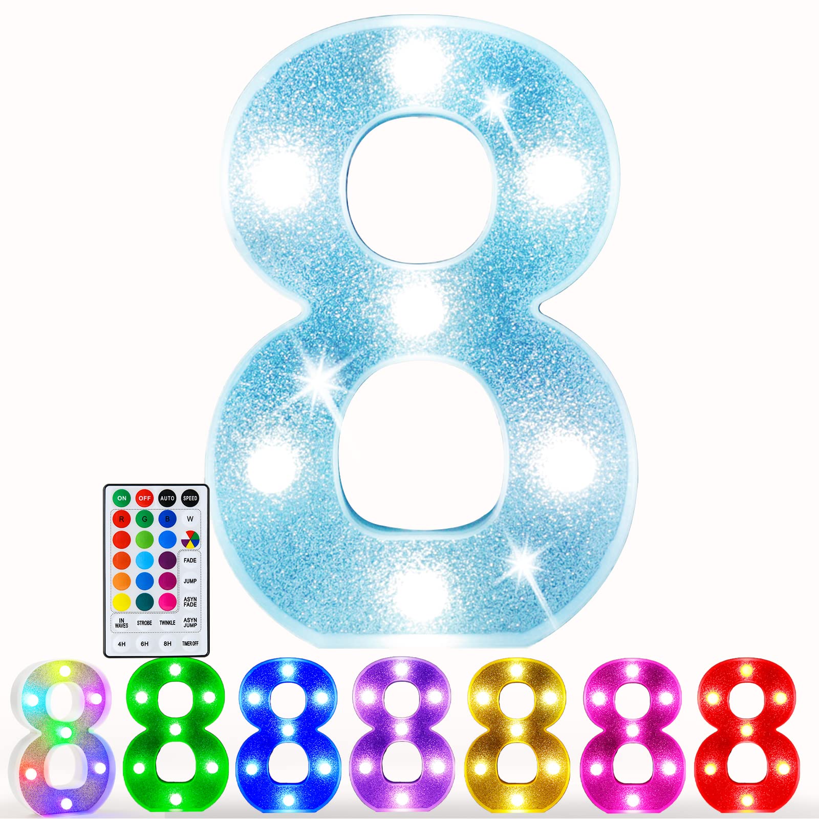 Pooqla Colorful Marquee Number 8, RGB LED Light Up Decoration, Battery Powered, Plastic, Ideal for Birthday and Wedding Parties