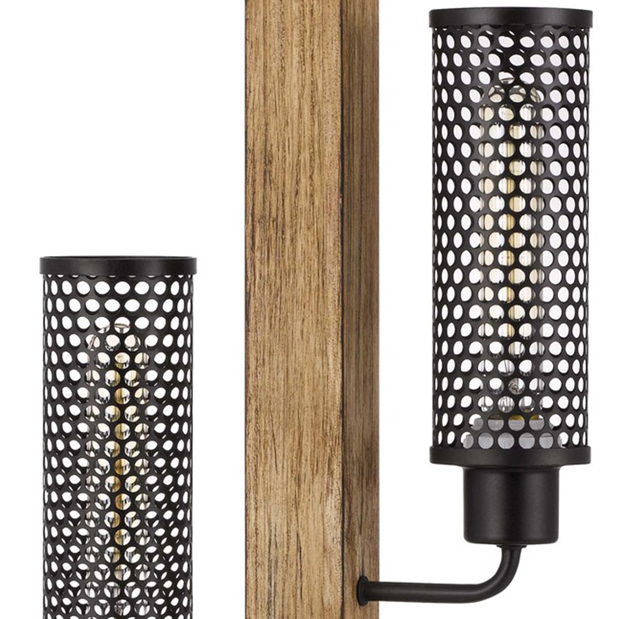 Benzara Wooden Table Lamp with 2 Metal Mesh Shades, Model BM241805, Brown and Black