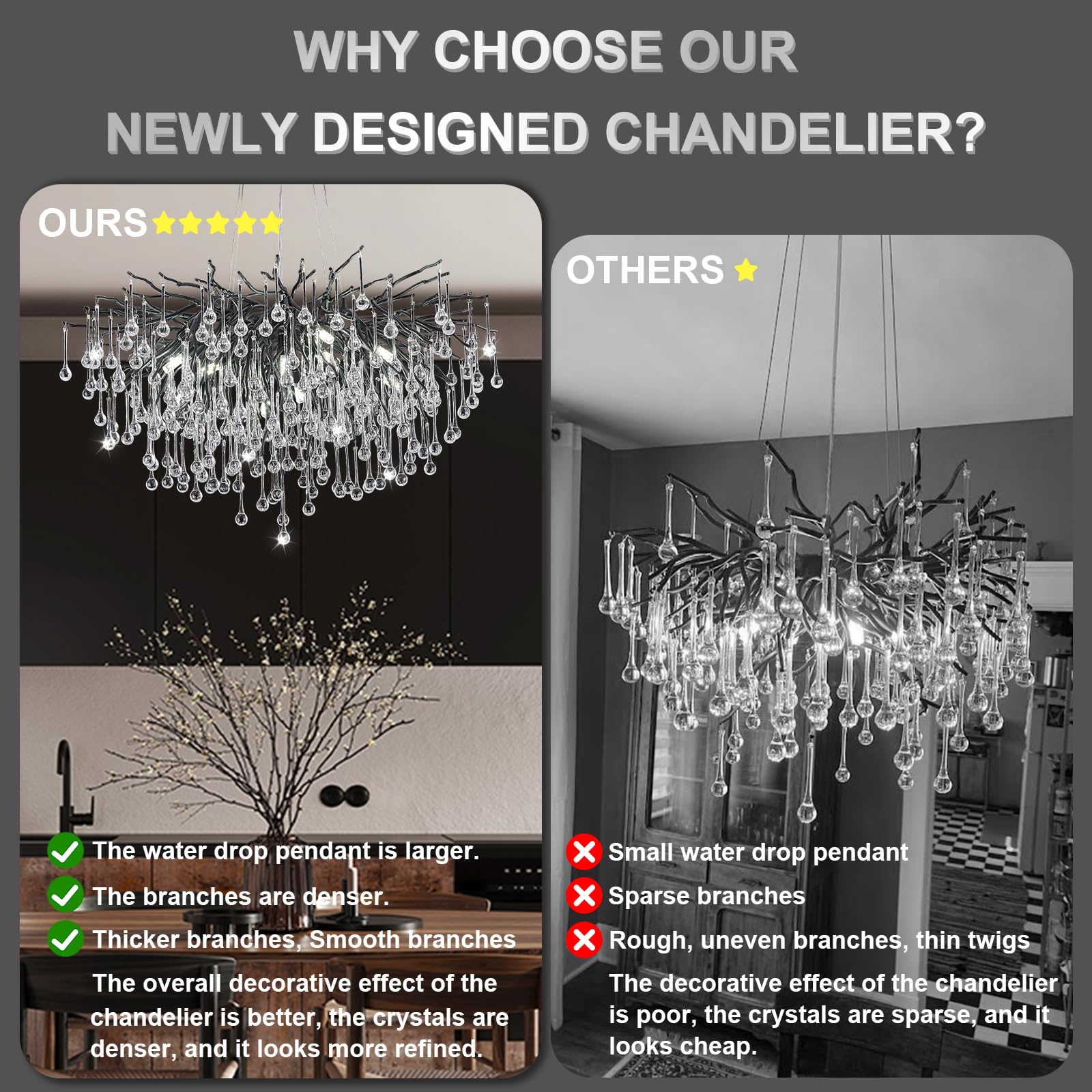 Niuzdu Chandeliers For Dining Room - 31.5'' Modern Black Crystal Chandelier, Round Tree Branch Raindrop Chandelier, Foyer Chande