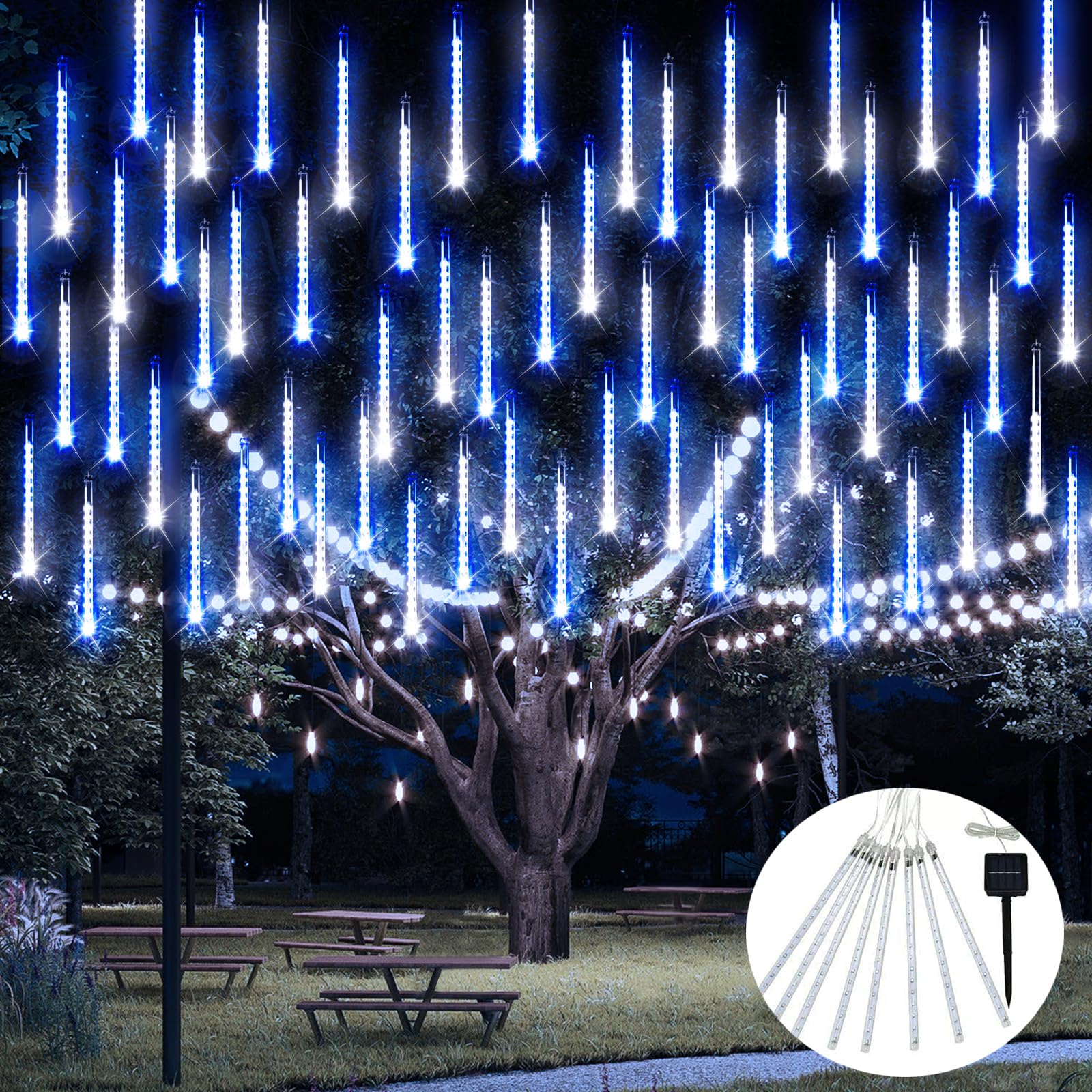 Jmexsuss Blue And White Solar Meteor Shower Rain Lights, 30Cm 8 Tube 144 Led Solar Lights For Party Holiday Yard Patio Decorations
