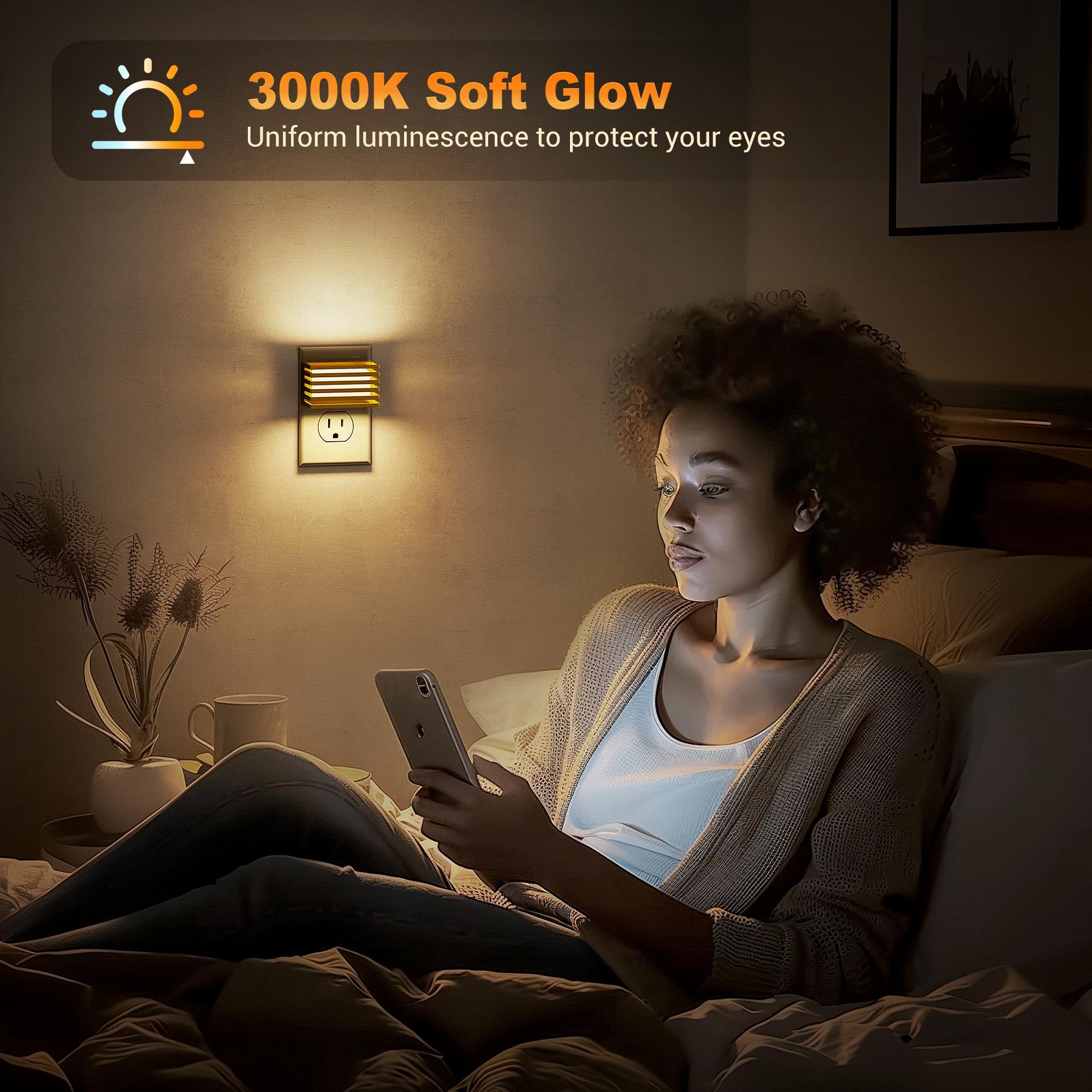 JandCase LED Night Light, Dimmable, 3000K Soft White, 2 Pack, Warm Gold Shade
