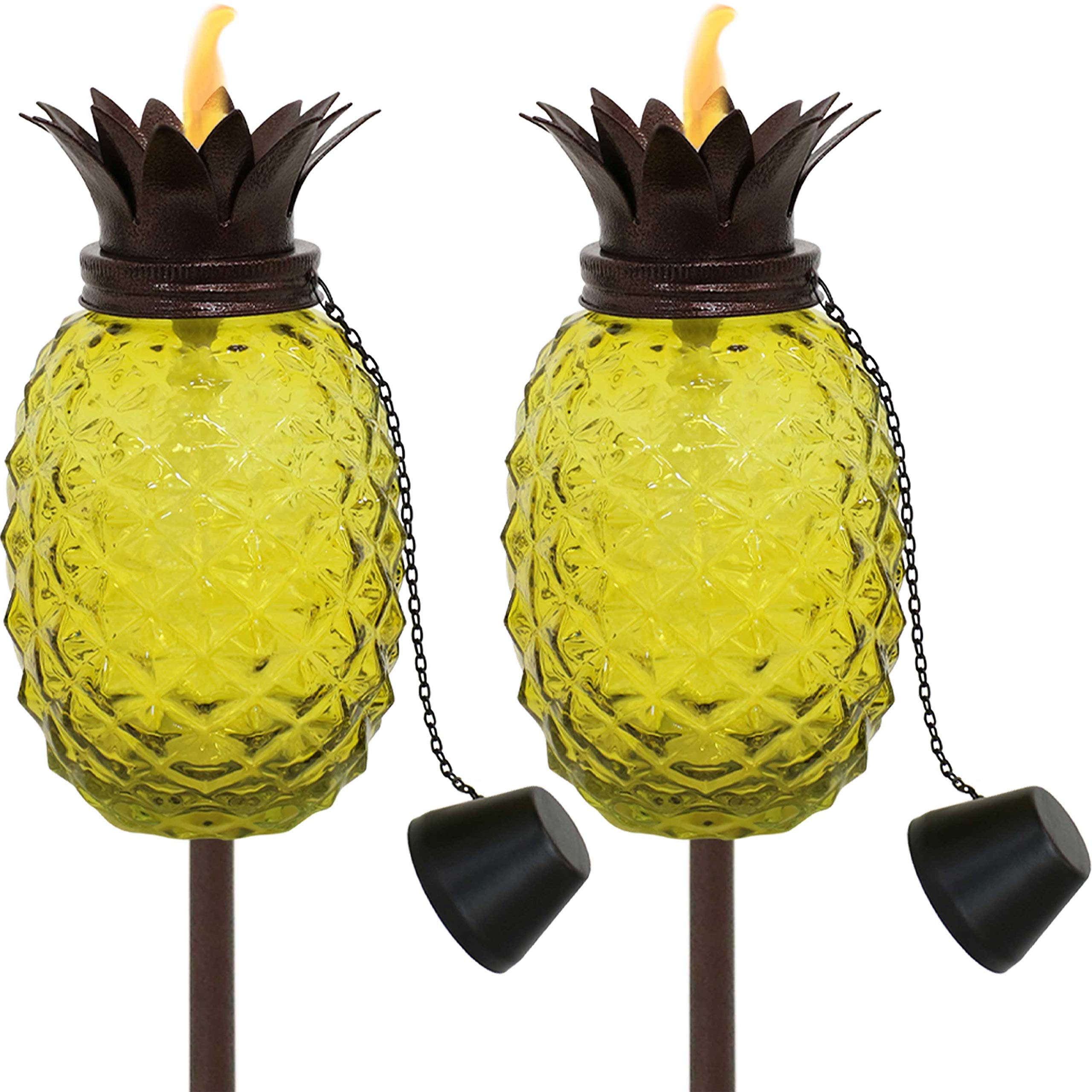 Sunnydaze Tropical Pineapple Glass Patio Torches Set of 2 - 23 to 63-Inch Outdoor Lawn Torch, Garden, Deck & Backyard - Yellow