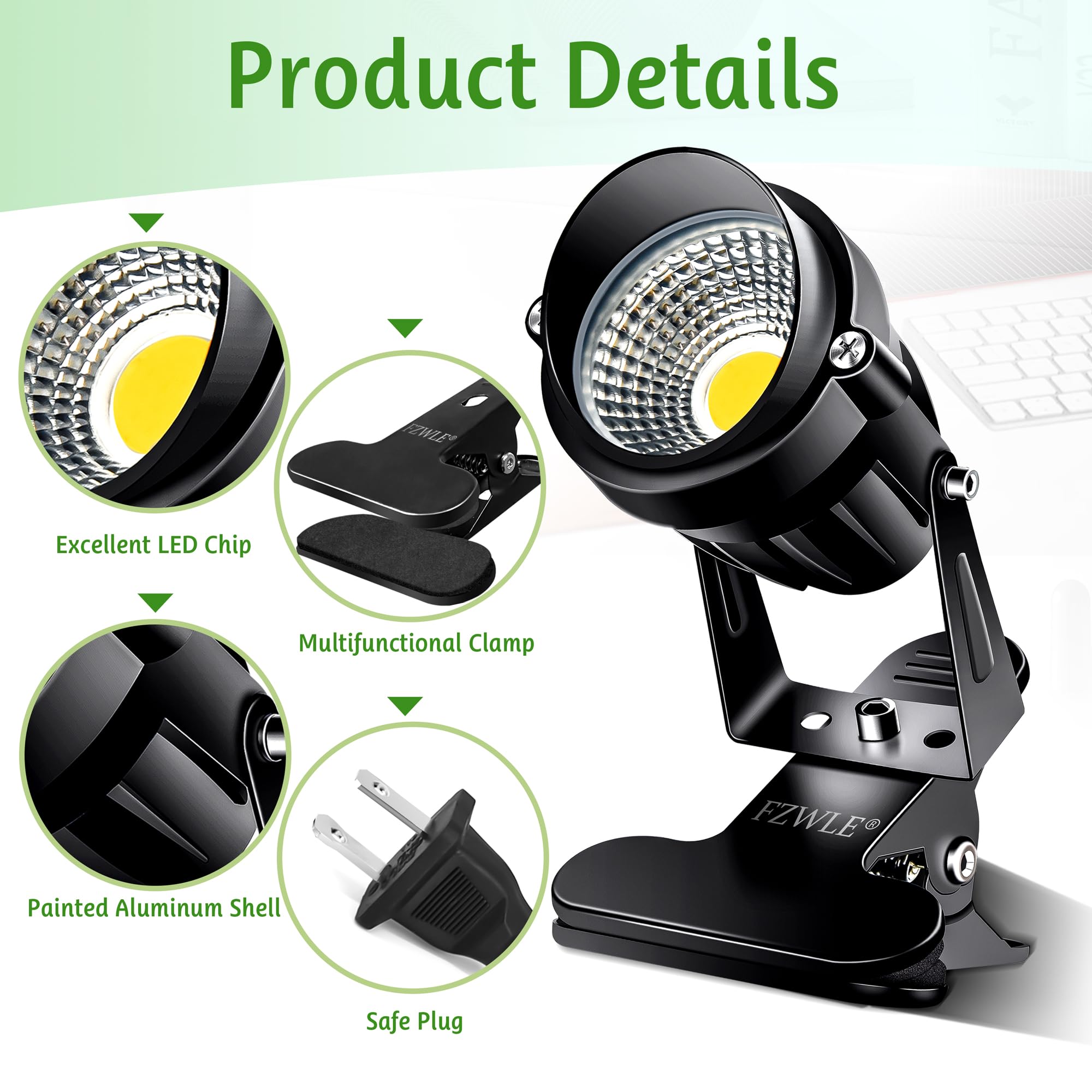 FZWLE 7W Spot Lights Clamp - Daylight White Uplights with 6FT Cord, Model WJ2C, 2 Pack for Trade Show & Workshop